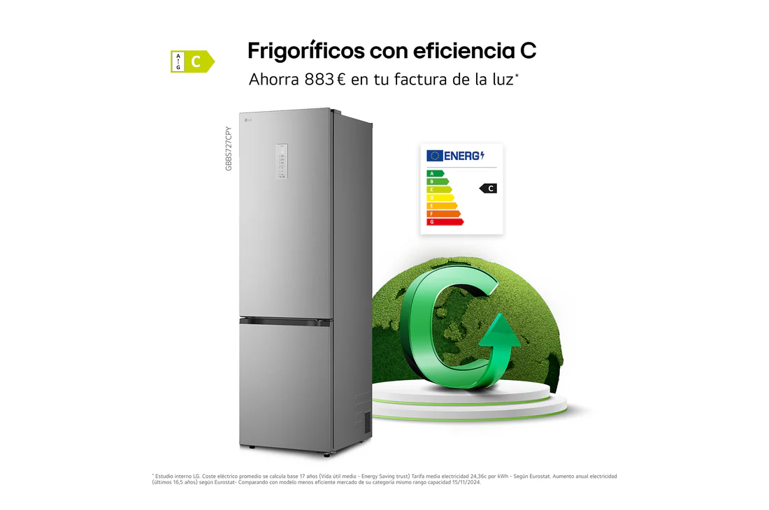 Detalle de Frigorífico Combi LG GBBS727CPY DoorCooling+, 375 L, Serie 700, Inox antihuellas