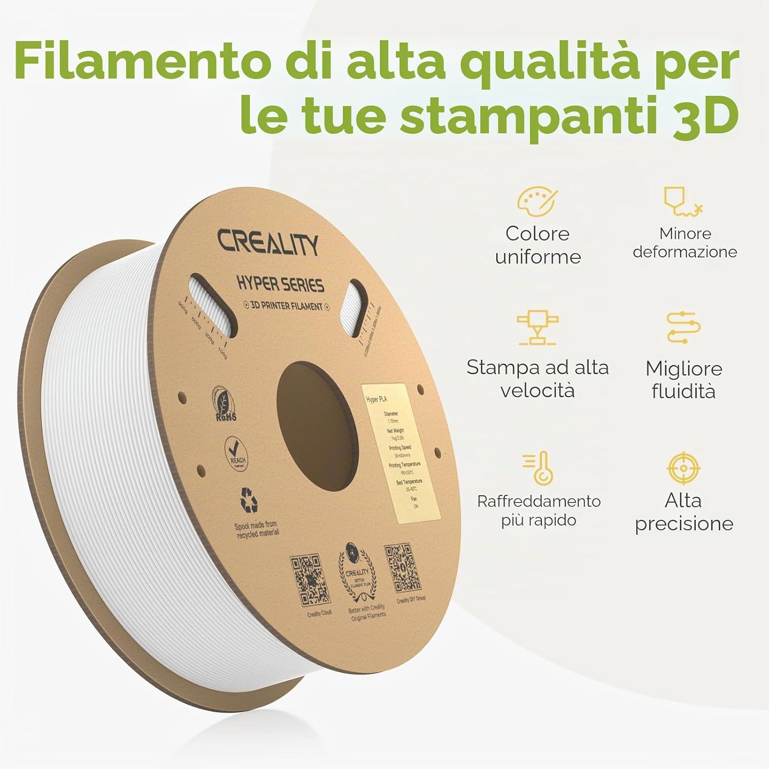 Detalle de Creality Hyper PLA Filament Bianco+Bianco 2KG — Stampa ad alta velocità con eccellente accuratezza