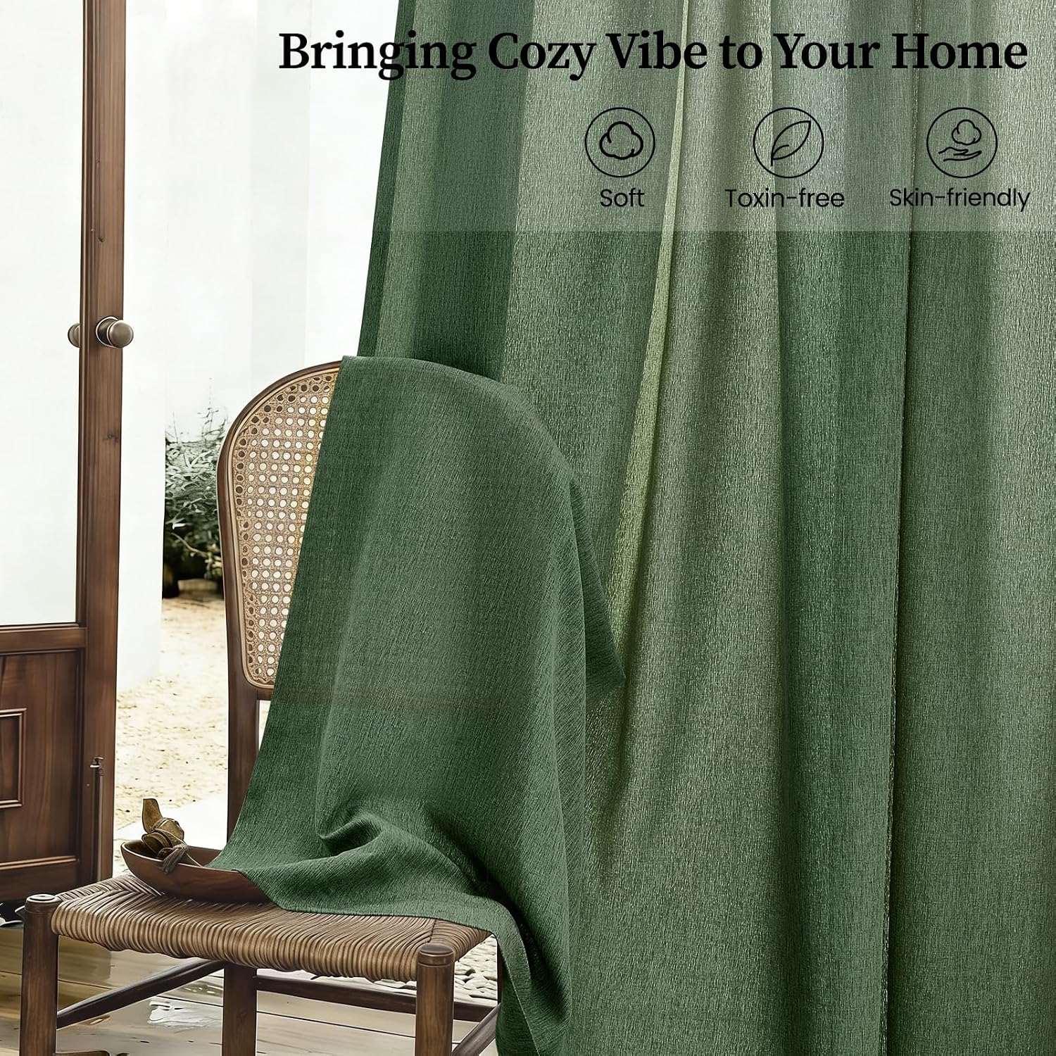 Detalle de Drapenova RBPPCL227 Olive Green Linen-Blend Curtains, 52 x 96 in, Back Tab
