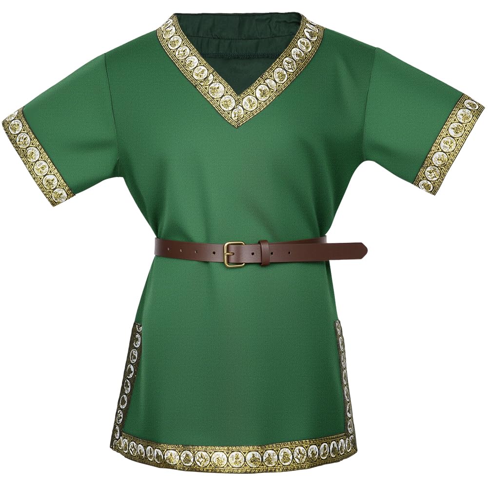 Detalle de AYBUY Renaissance Warrior Ritter Tops für Jungen – Dunkelgrüne Tunika mit Braunem Gürtel (120 cm)