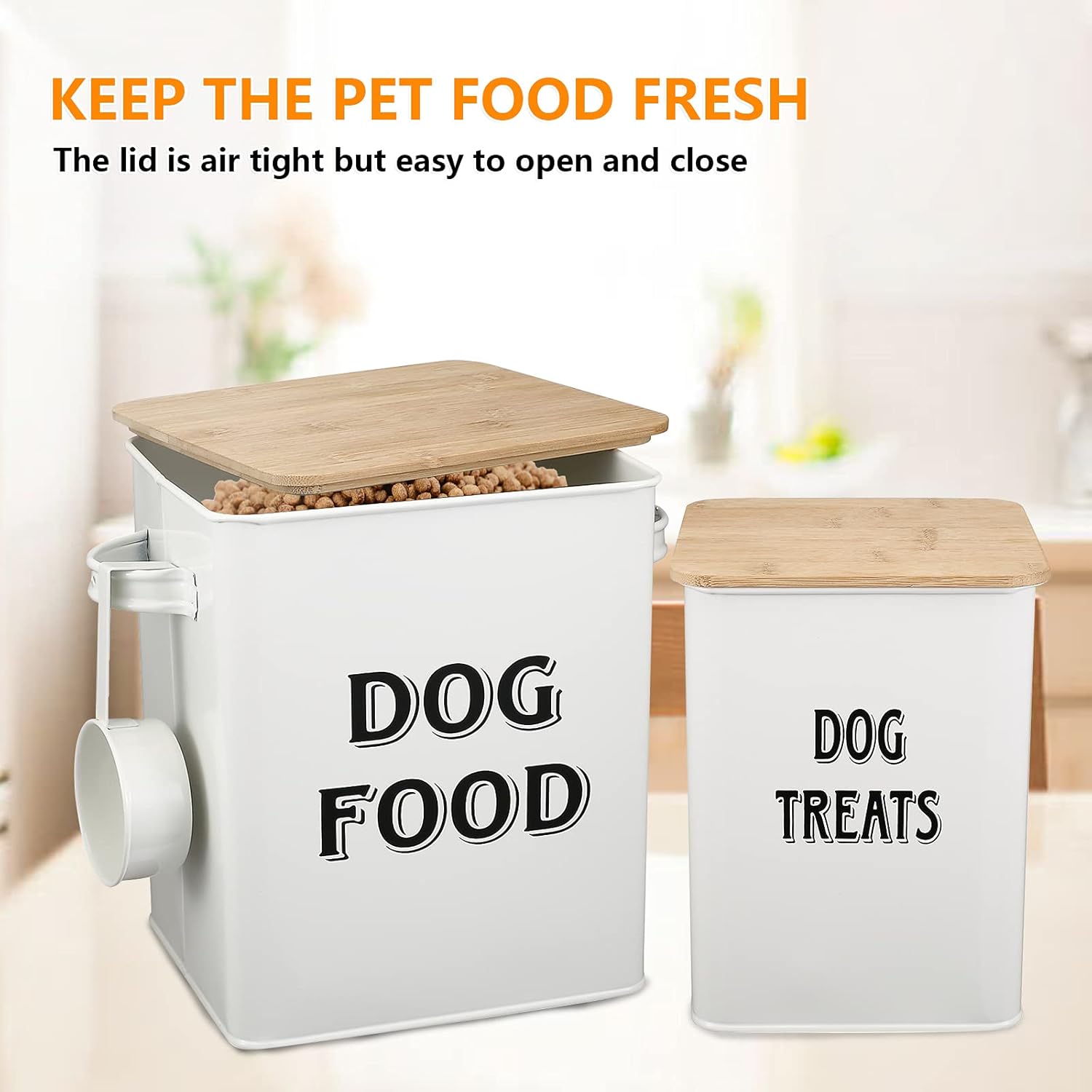 Detalle de Pet Food and Treats Containers Set with Scoop – Beige Powder-Coated Carbon Steel Tins, Tight-Fitting Wood Lids