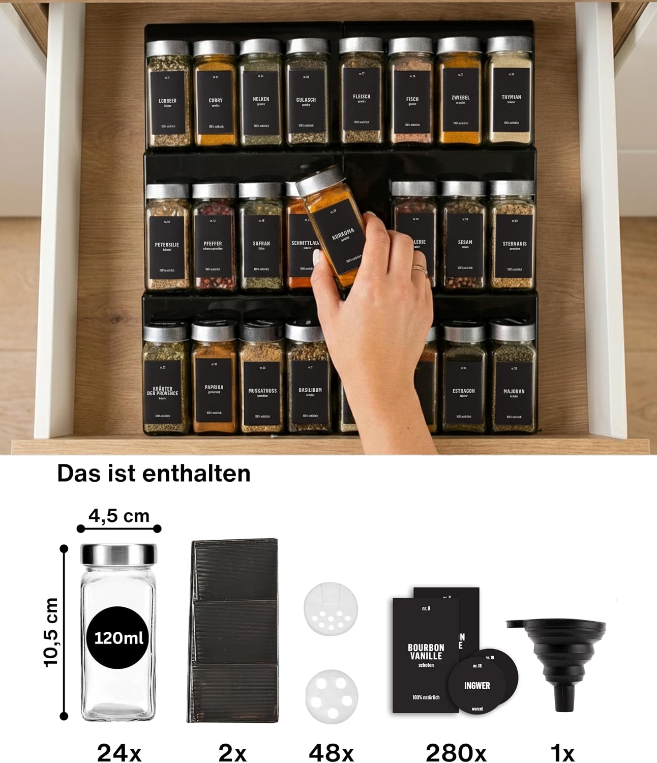 Detalle de Deco haus Gewürzregal mit 24 Gläsern – ausziehbarer Gewürz-Schubladeneinsatz mit Etiketten