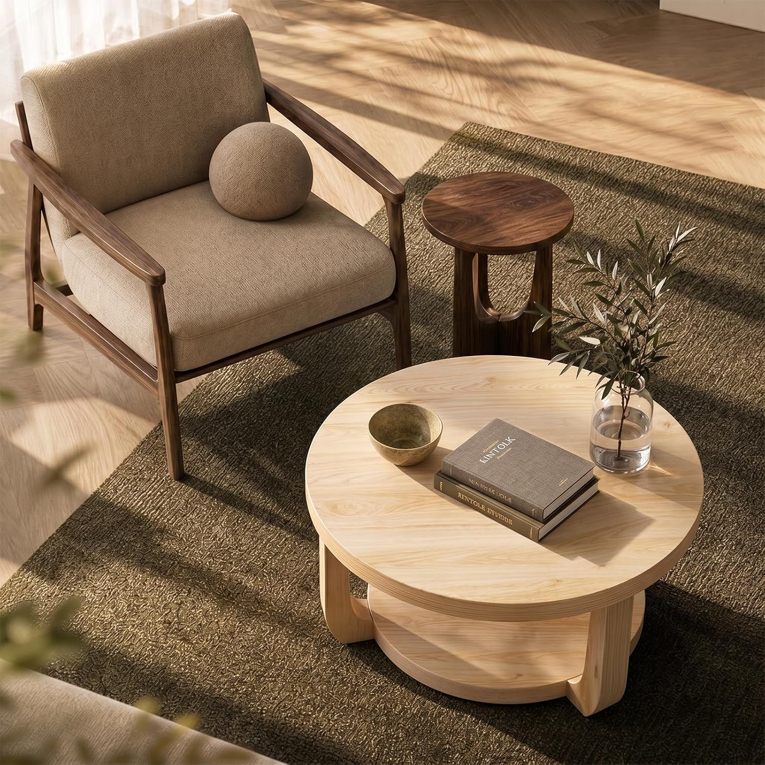 Thumbnail 6 de BEROXII Round Coffee Table, 2-Tier Storage, Nature Finish