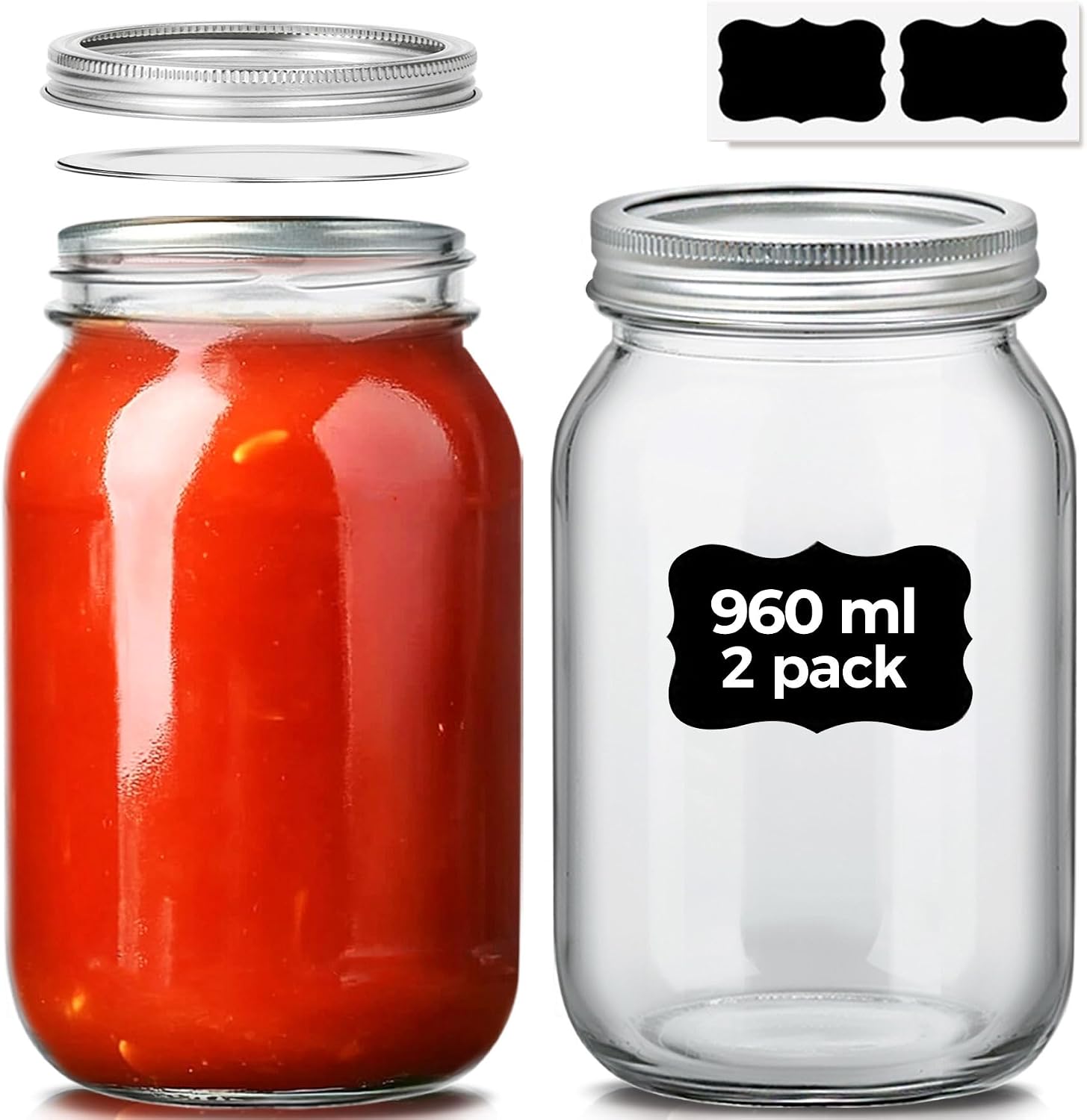 Detalle de ComSaf Wide Mouth Glass Mason Jars, 960 ml, 2 Pack with Two-Piece Lids