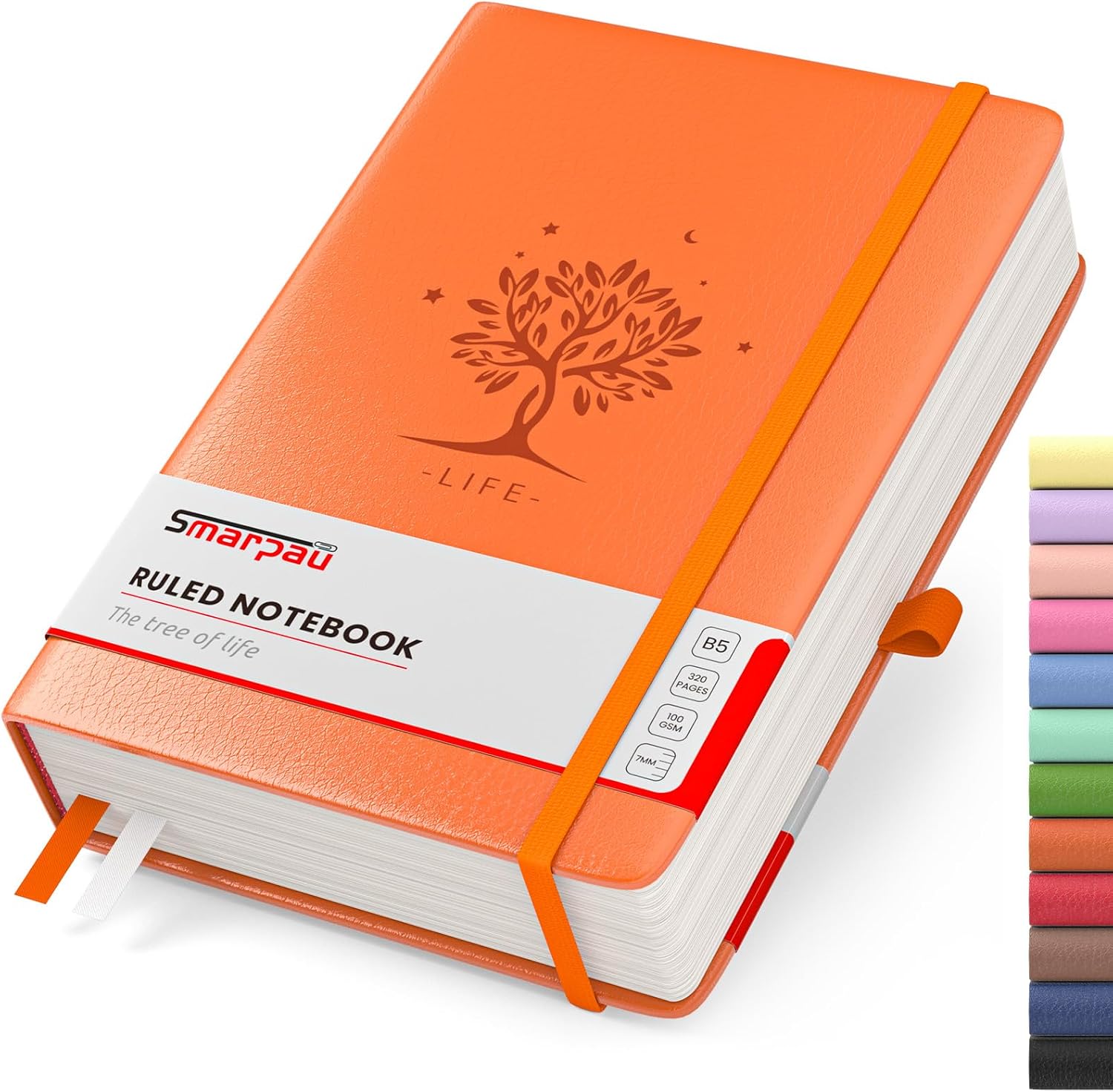 Smarpau 320 Pages College Ruled Notebook (B5, 19 x 25 cm) – Orange hardcover leather-style journal with index tabs