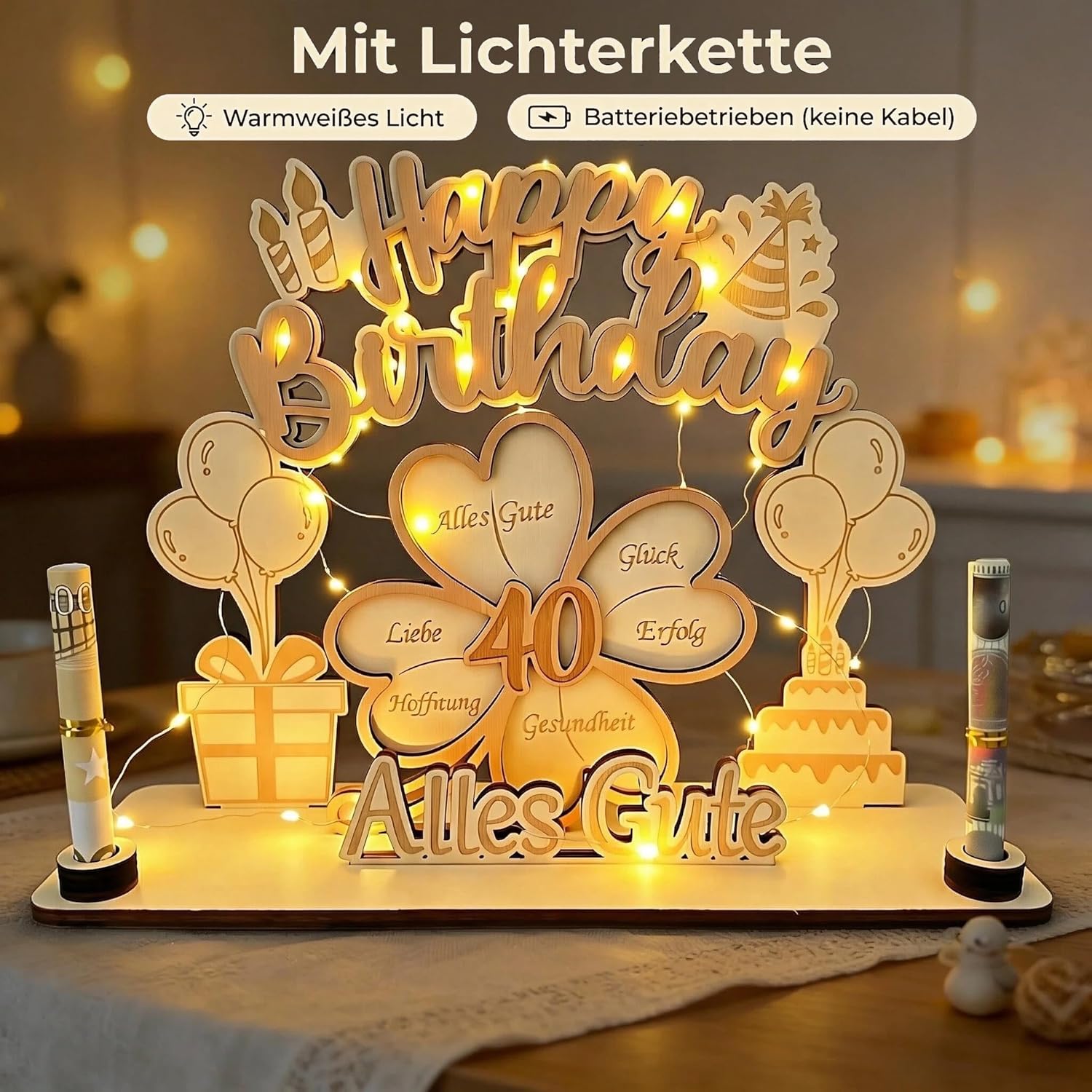 Detalle 2 de 40 Geburtstag Geldgeschenk für Männer und Frauen – personalisierte Holzdekoration mit 3D Glückskleeblatt, LED-Beleuchtung und verpacktem Geldgeschenk