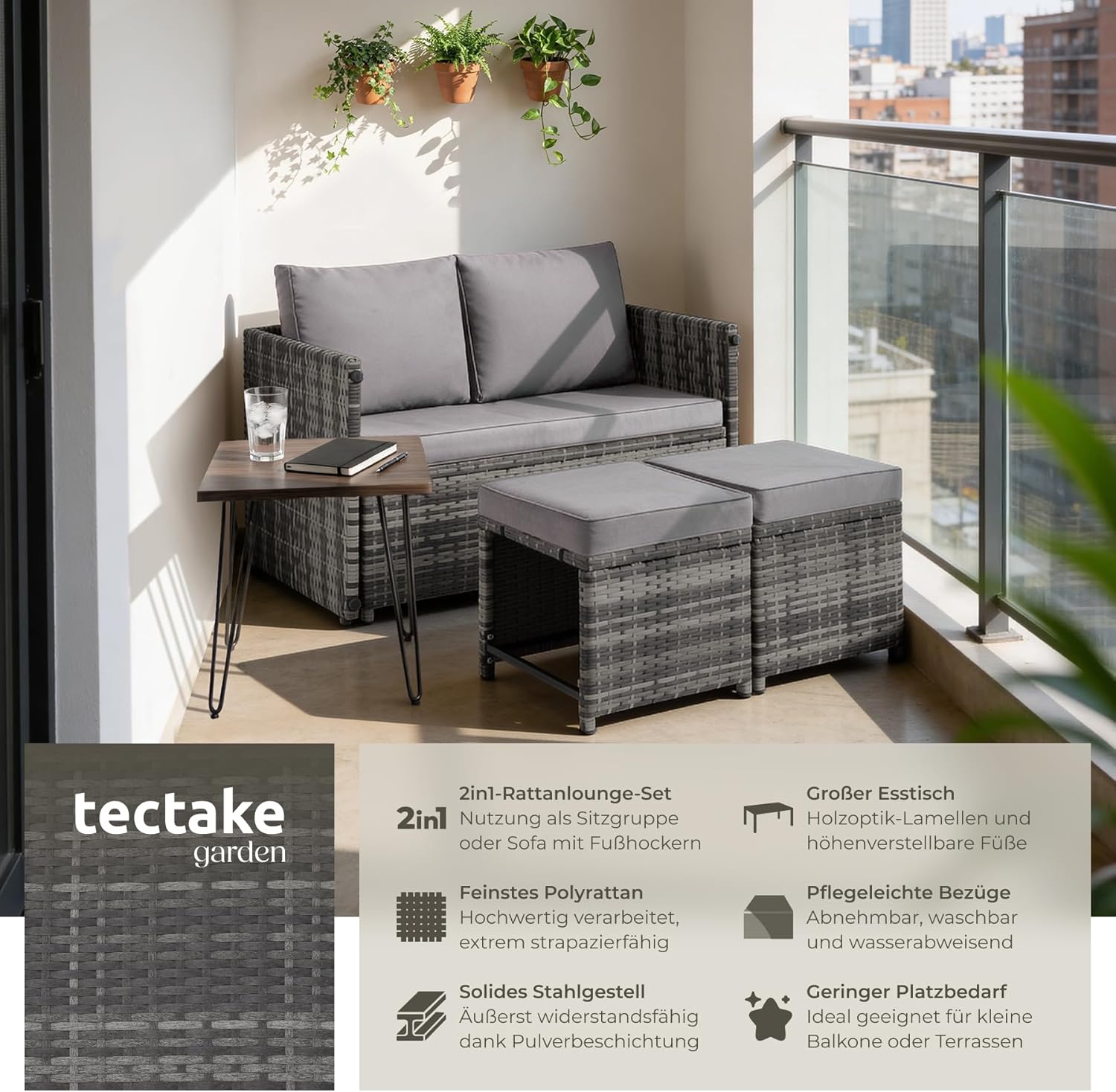 Thumbnail 2 de TecTake 2in1 Rattanlounge für 4 Personen – Set mit Tisch, grau
