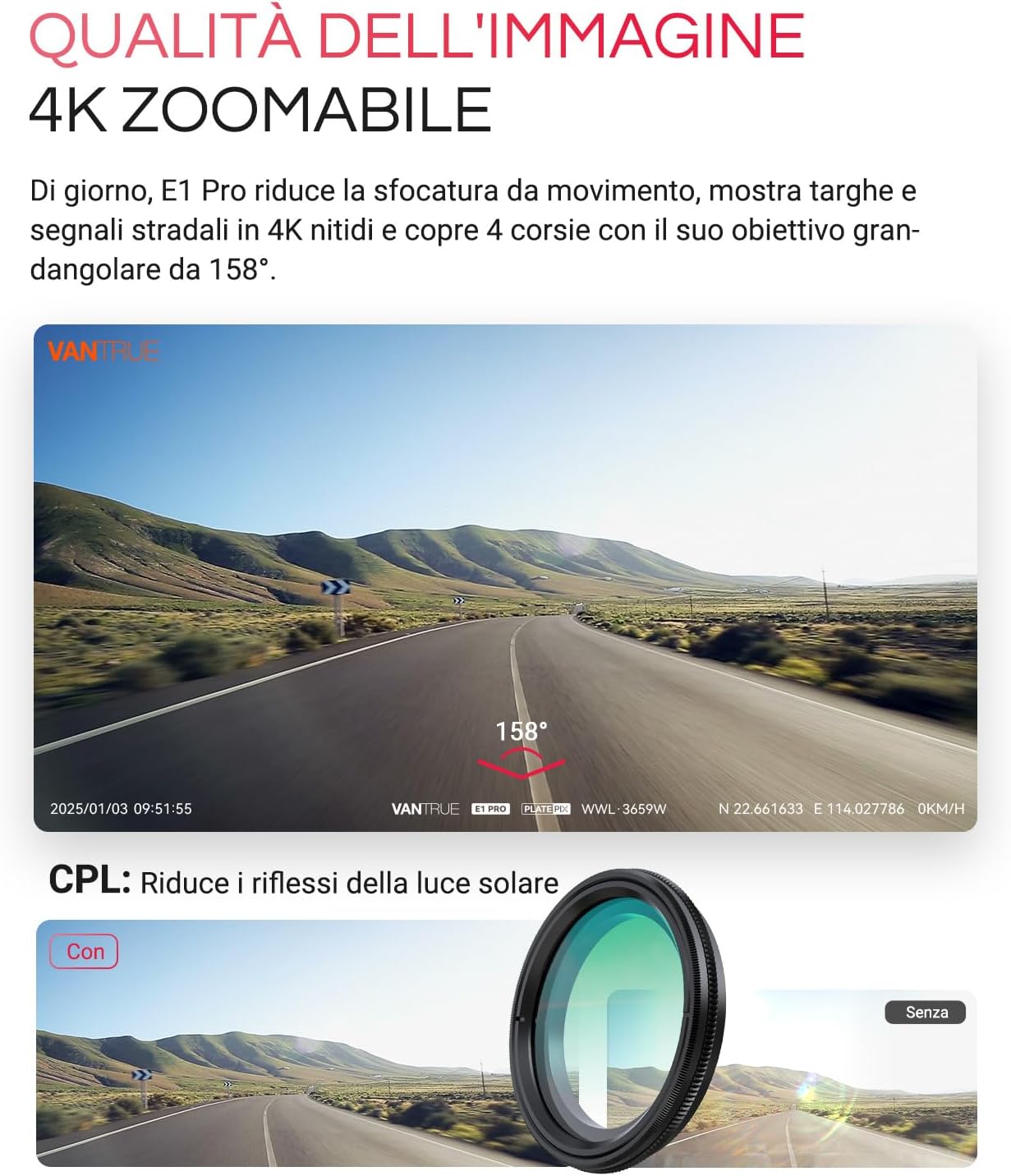 Thumbnail 3 de VANTRUE 4K HDR Dash Cam Auto E1 Pro con GPS, WiFi 5GHz e Visione Notturna 2.0