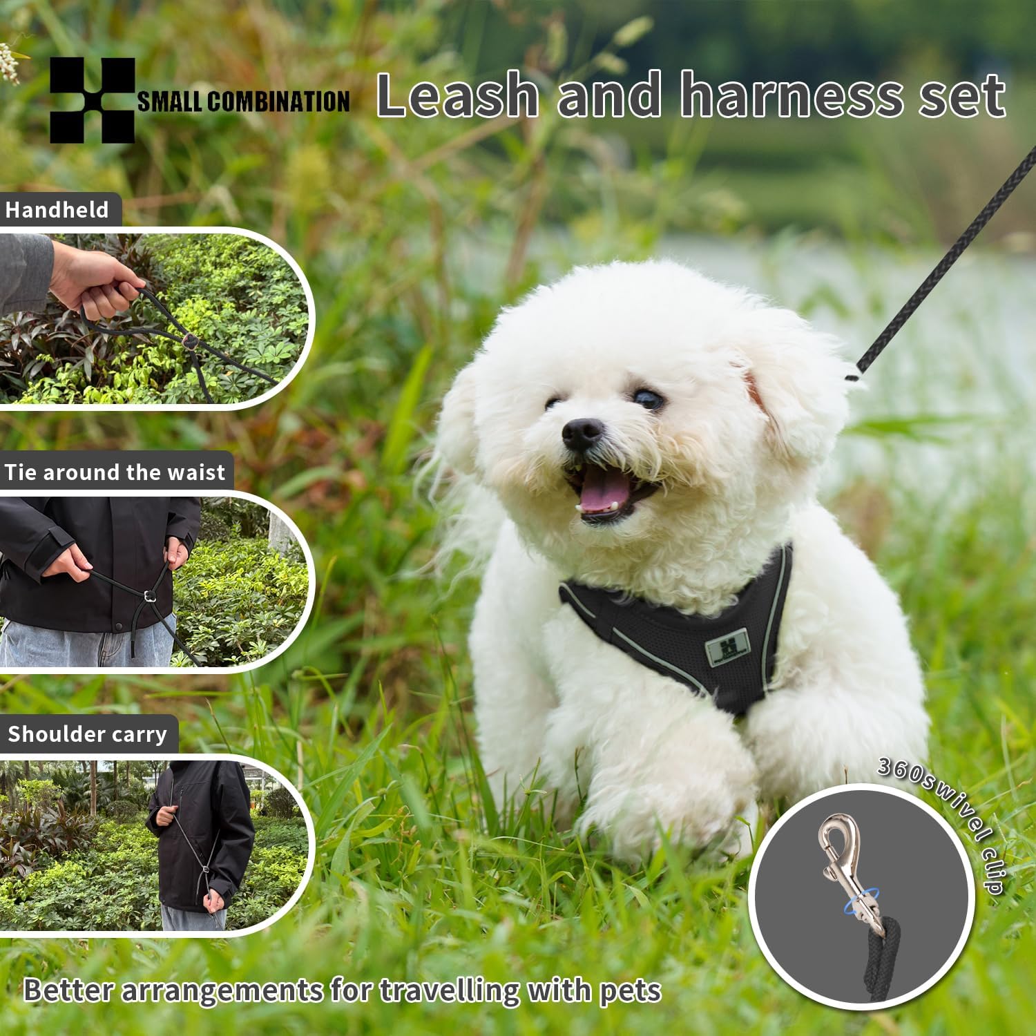Thumbnail 4 de Small Combination Small Combination Combination Dog Harness Leash Set (Black, XXXS) with 360° reflective straps