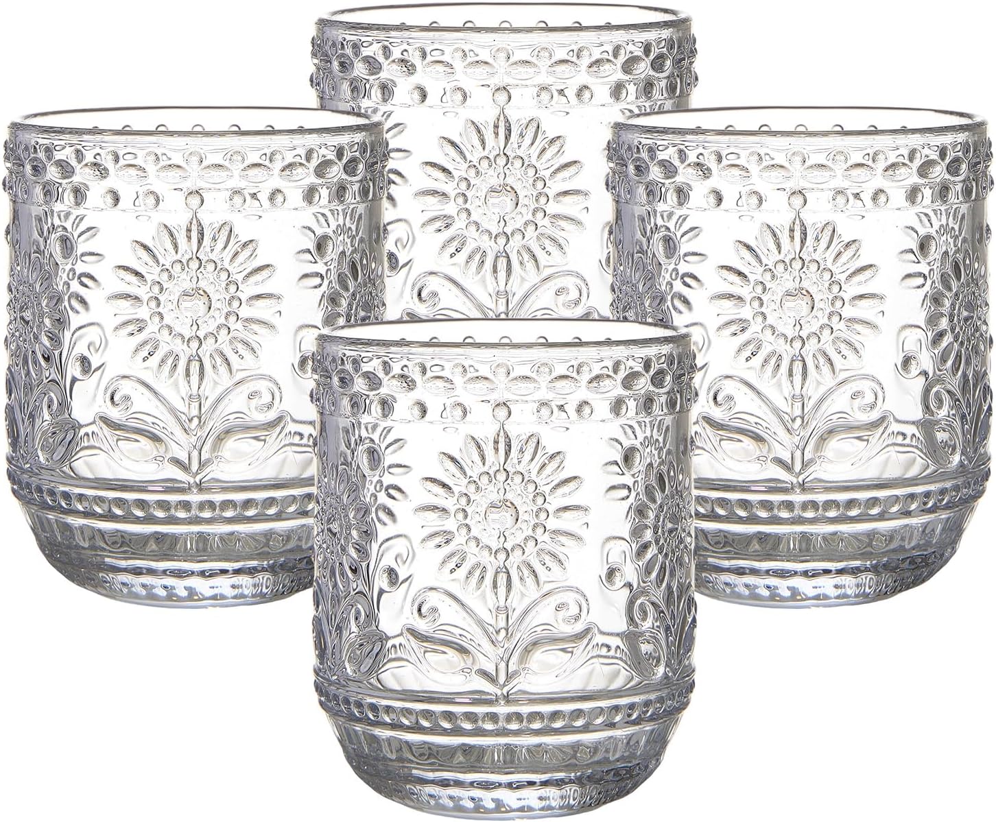 MYQYBRO Vintage Glassware: 4-Pack 12oz Embossed Floral Drinking Glasses