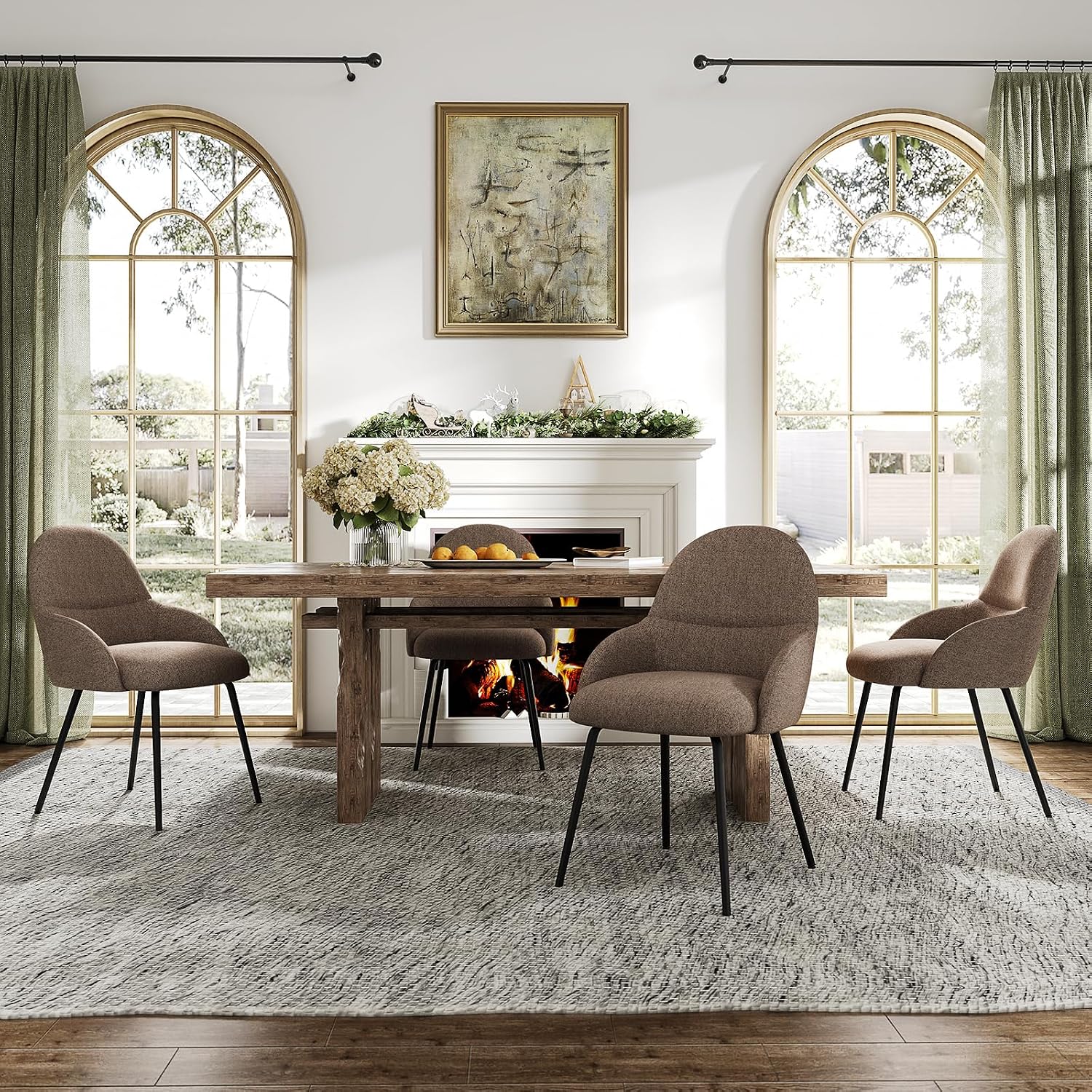 Thumbnail 1 de Goeurvant – Set di 4 sedie moderne per sala da pranzo con braccioli, tessuto lino marrone