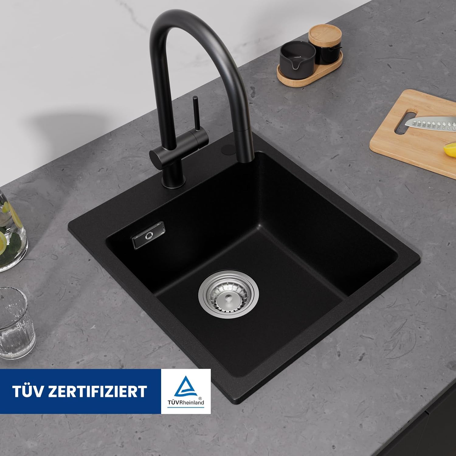 Detalle de CECIPA Spülbecken Schwarz Granit 40x45 cm – rechteckiges Einzelbecken mit 2 Hahnlochungen