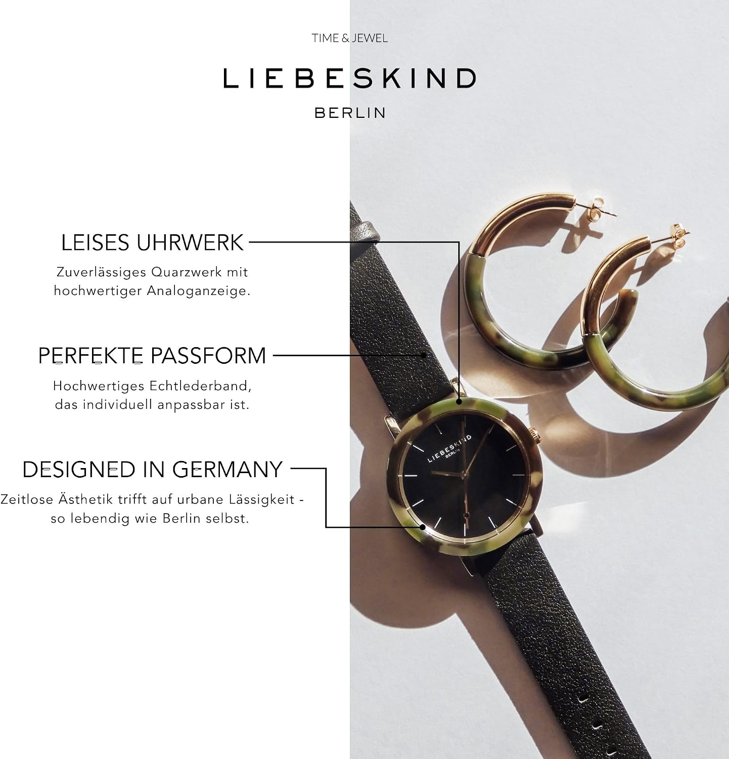 Detalle de LIEBESKIND BERLIN Damen Armbanduhr – Rundes Gehäuse mit gemustertem Acetat-Topring, Lederarmband, Roségold