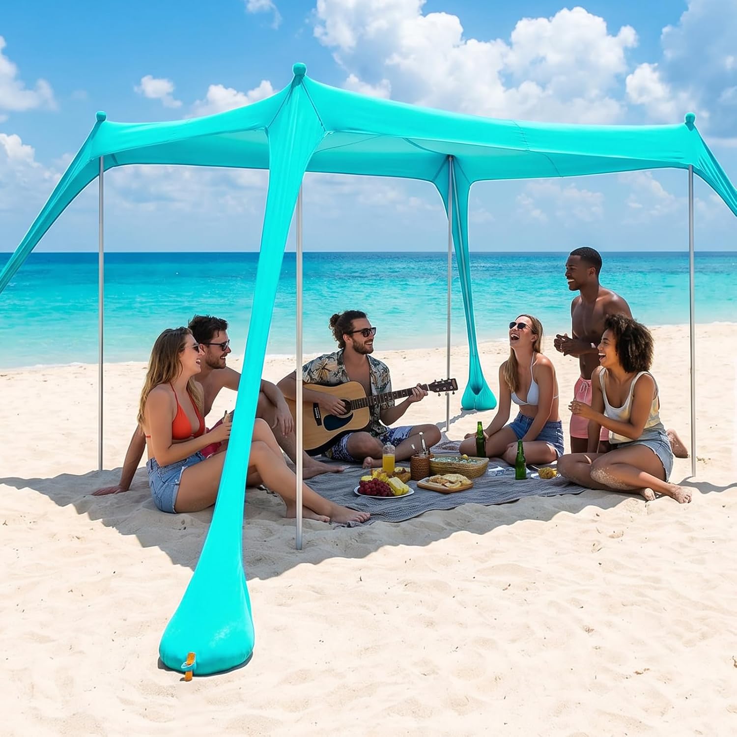 MAXVINI UPF50+ Strandzelt 3m x 3m – UV-Schutz, stabile Dreieckskonstruktion & Sandsäcke