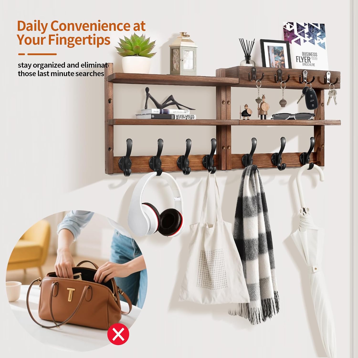 Detalle 1 de Pine Wall-Mounted Coat Rack with Shelf