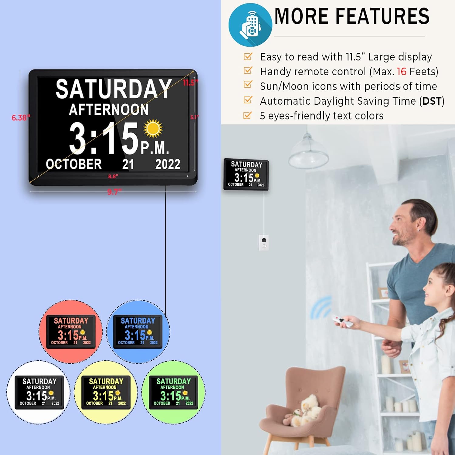 Detalle de Véfaîî 10" Large Digital Clock with DST, Sun/Moon Icons, Reminders and Calendar – Ideal for Seniors