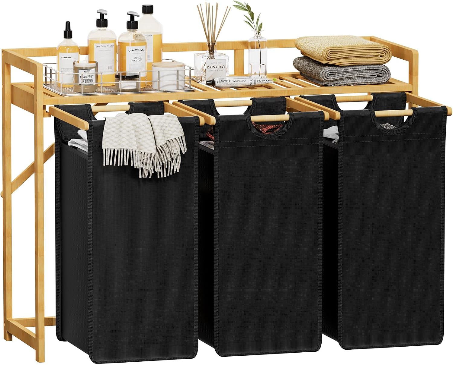 Detalle de Lifewit 24229 Laundry Sorter with Bamboo Frame, 3 Compartments and Shelf