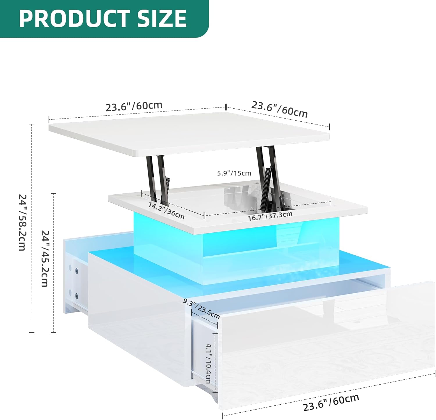 Thumbnail 1 de YITAHOME Lift-Top Coffee Table with LED Light Strip and 2 Drawers – 60x60x45 cm, High-Gloss Modern Wood