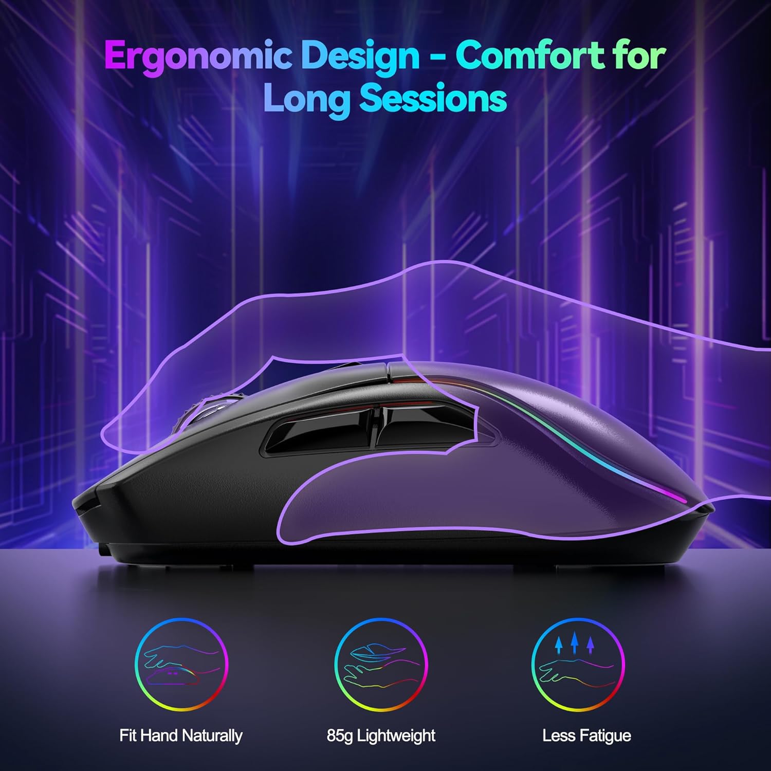 Thumbnail 4 de TECKNET Souris Gamer sans fil Tri-Mode 24000 DPI (Bluetooth/2.4G/USB-C) rechargeable, 6 boutons programmables et RGB
