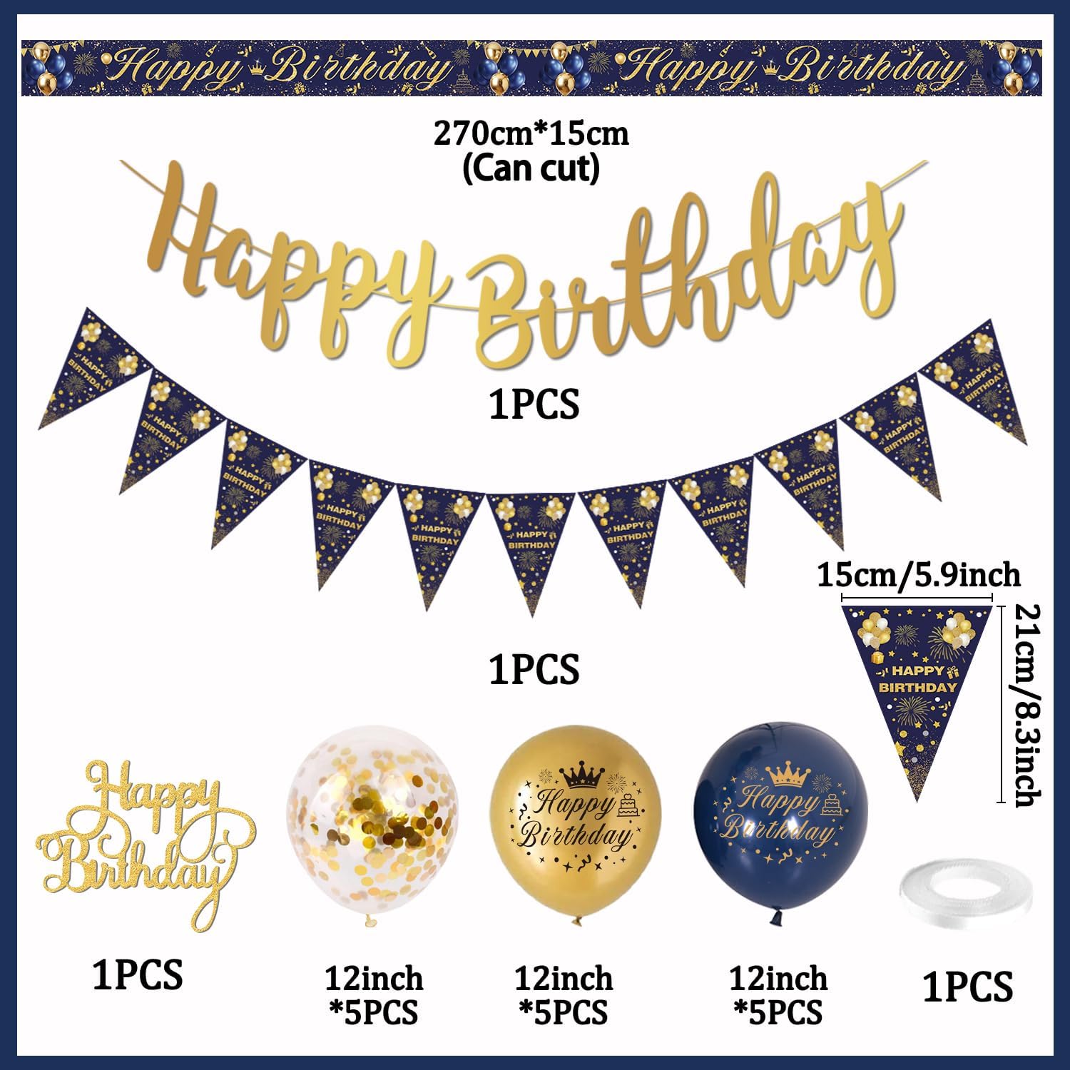 Thumbnail 1 de Birthday Decorations for Men – Blue & Gold Party Set with Happy Birthday Banner