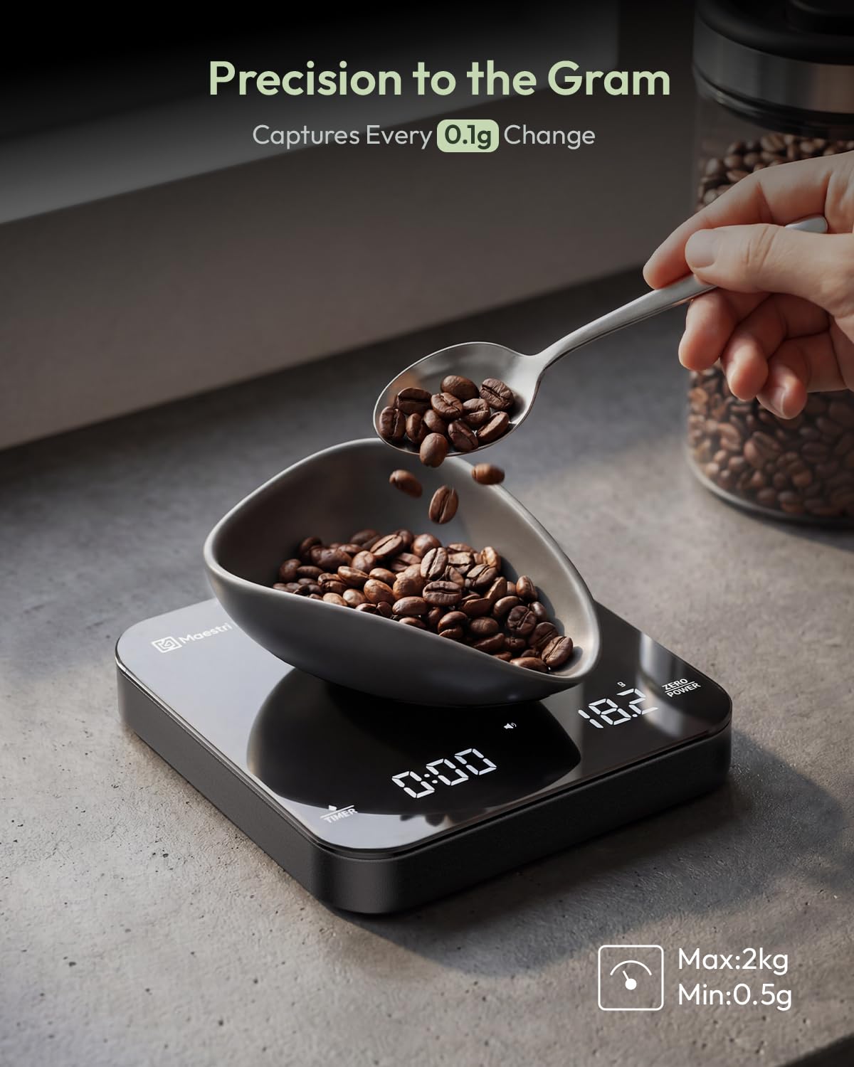 Detalle de Maestri House S2 Espresso Coffee Scale with Timer, 0.1 g Precision, USB-C