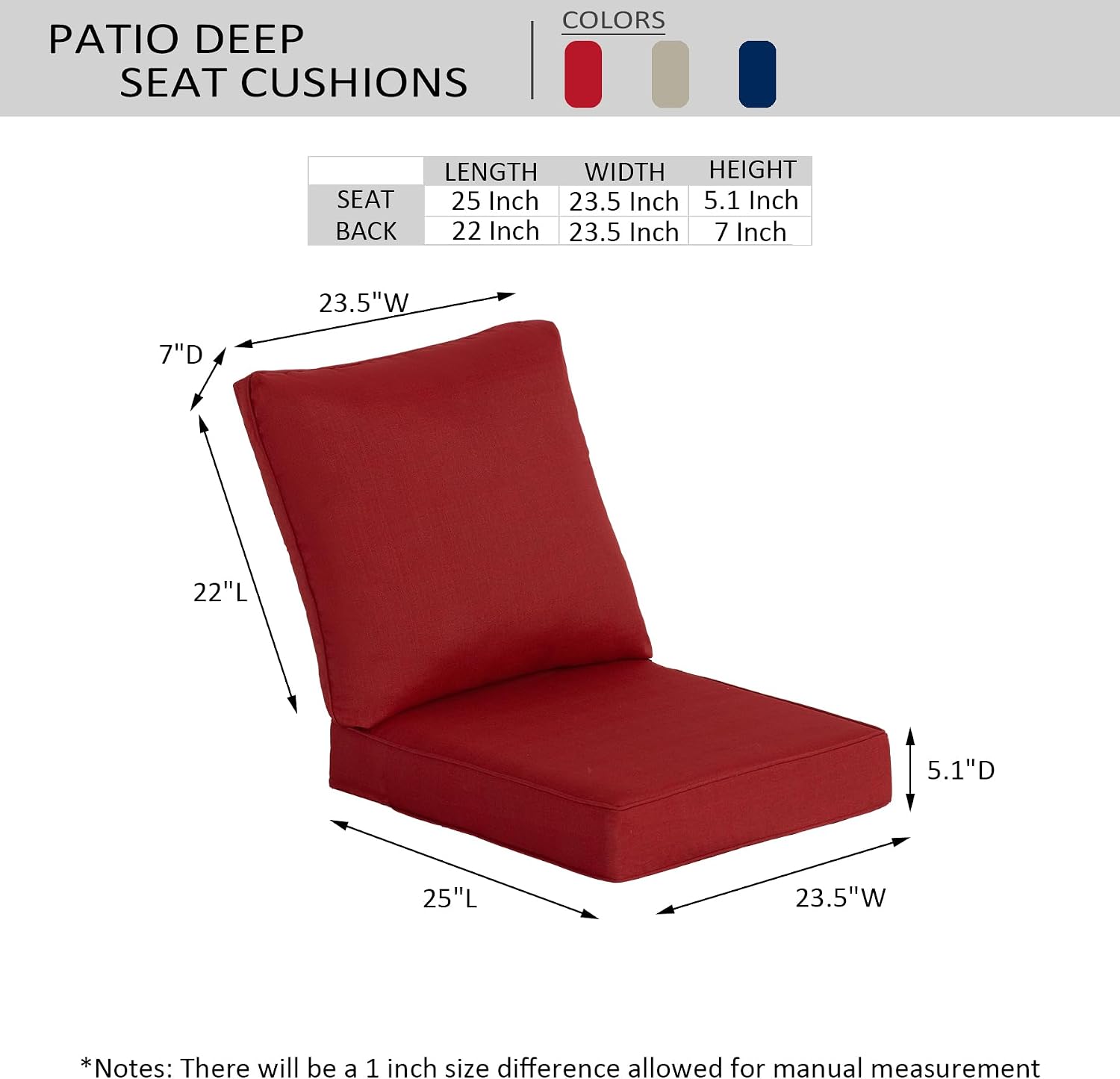 Detalle de Garden lucky 23.5"x25" Deep Seat Patio Cushion Set, Foam-Filled Seats