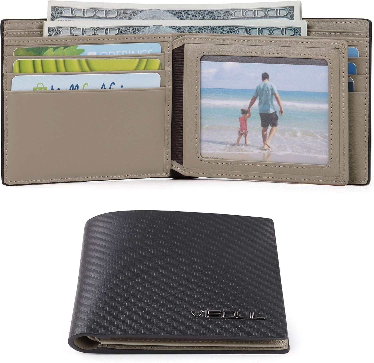 Detalle de VISOUL Portafoglio uomo in vera pelle con protezione RFID e portamonete slim, modello Bifold (Carbonio Nero+Grigio)