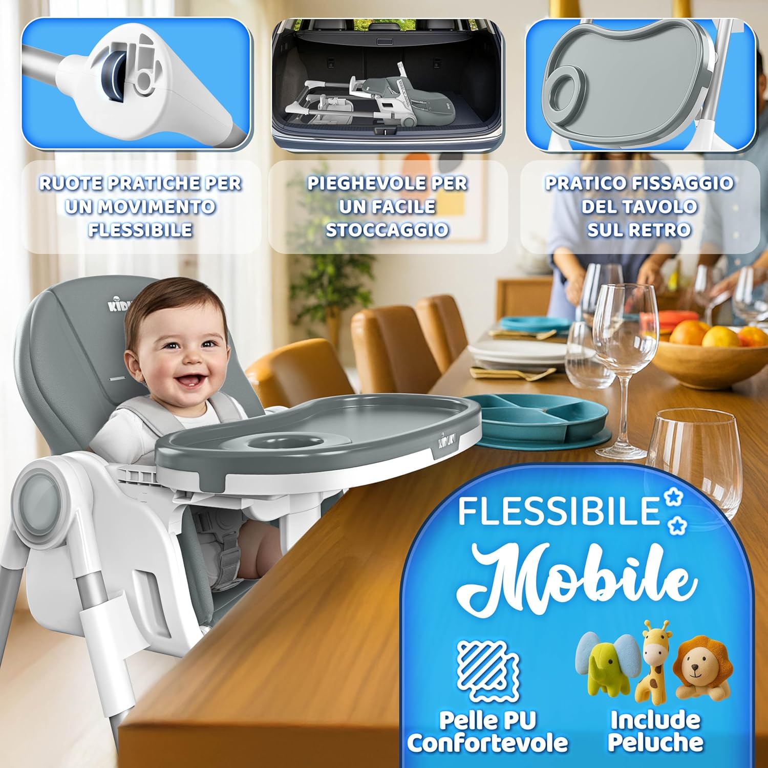 Thumbnail 6 de KIDUKU Seggiolone Pappa Neonato 3 in 1 con riduttore e bavaglino, pieghevole, regolabile 7 livelli (grigio chiaro)