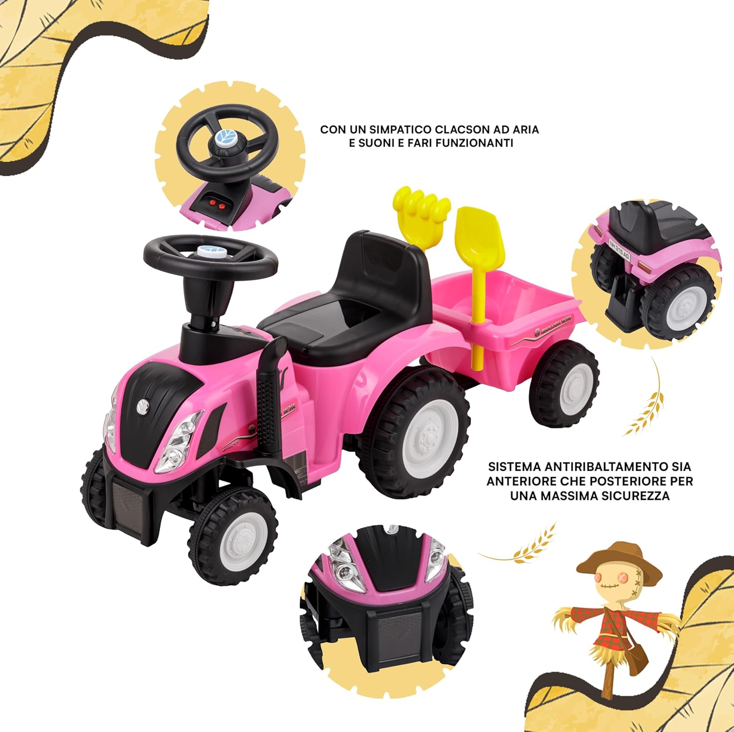 Thumbnail 2 de Baroni Toys Tracteur Ride-On avec remorque pour enfants (12–36 mois), tracteur rose