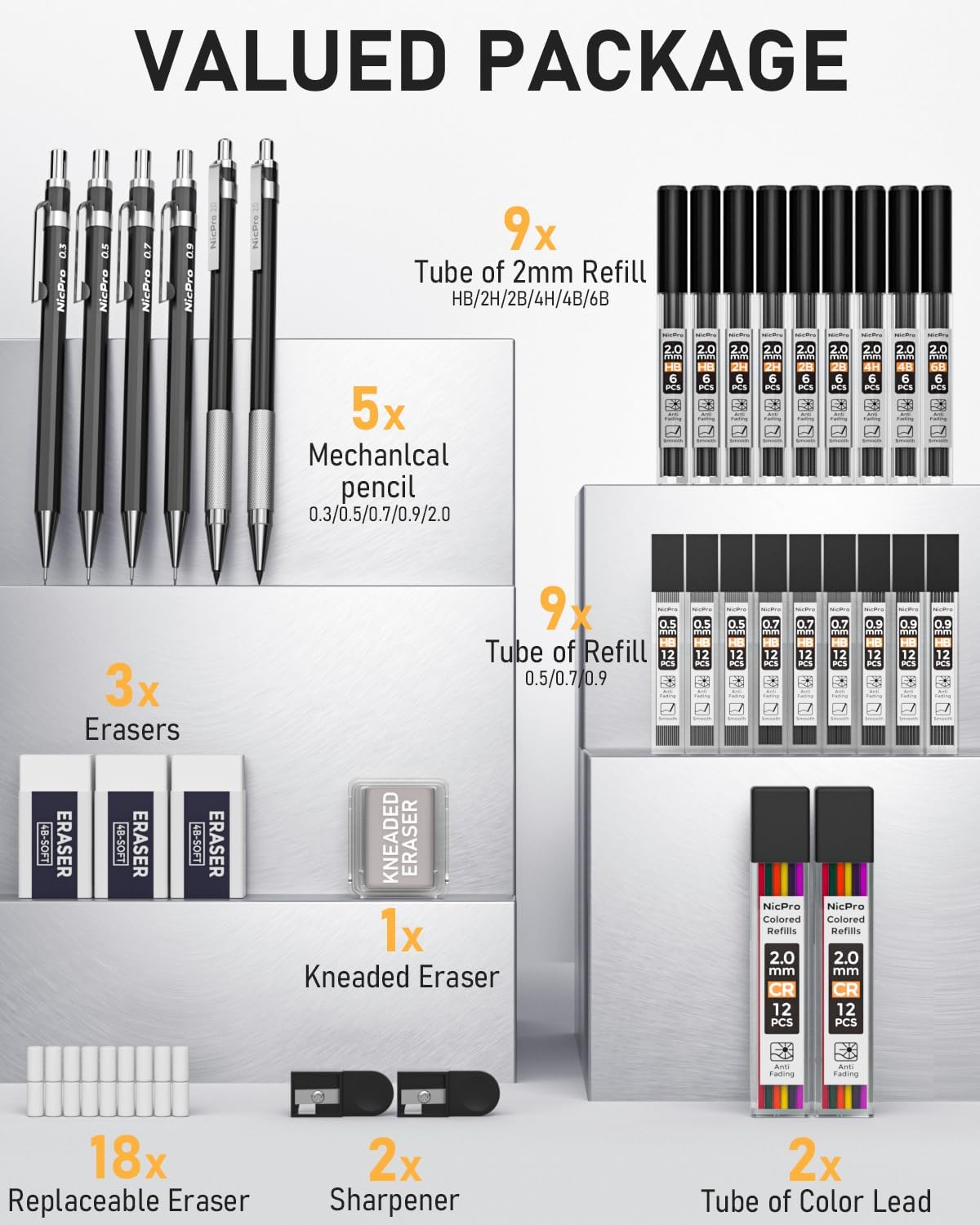 Detalle de Nicpro 34PCS Black Art Mechanical Pencils Set – Full Metal HB Pencils & 2mm Lead Holders for Sketching and Drafting