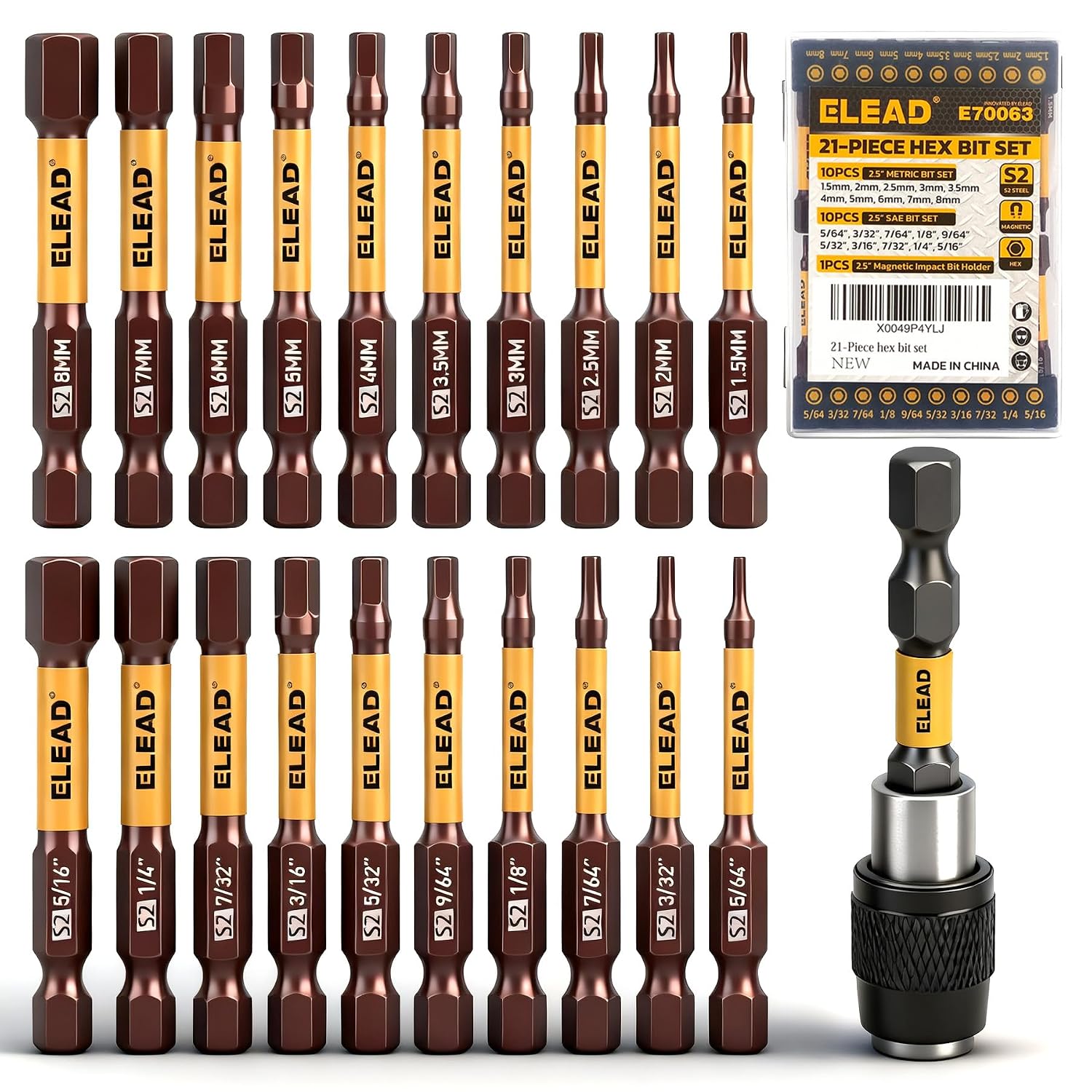 Detalle de ELEAD E70063 21-Piece Hex Bit Set, SAE/Metric, 2.5-Inch Impact Bits