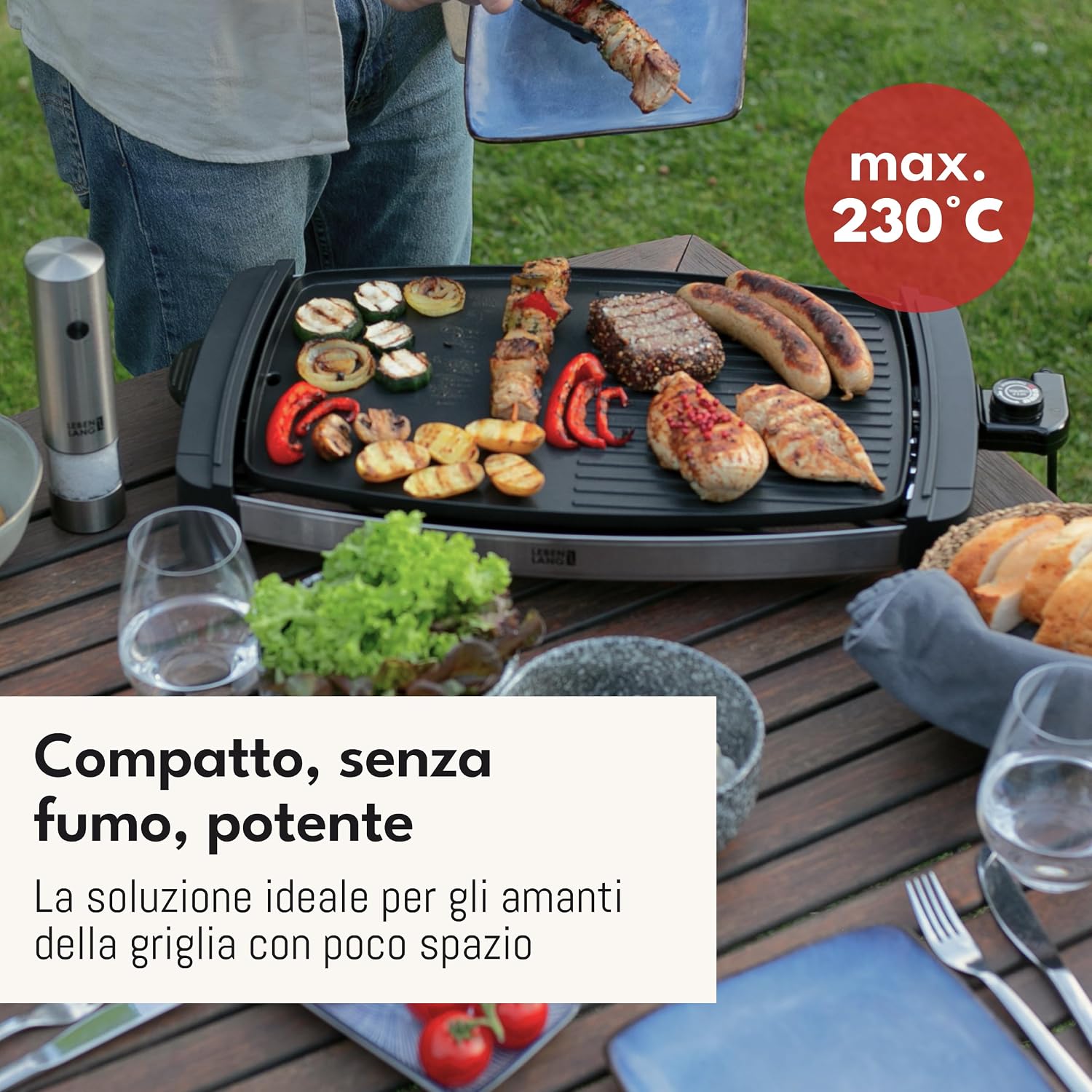 Detalle de LEBENLANG Griglia Elettrica XXL 2000W con pinze, piastra 45×30 cm