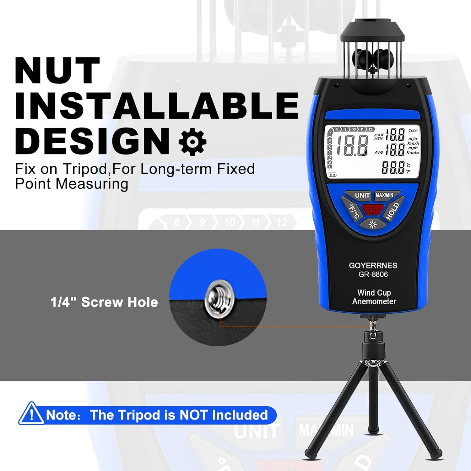 Detalle 2 de Anemometer Windmesser GR-8806 – Handheld, präzise Wind- und Temperaturmessung mit LCD und Stativanschluss