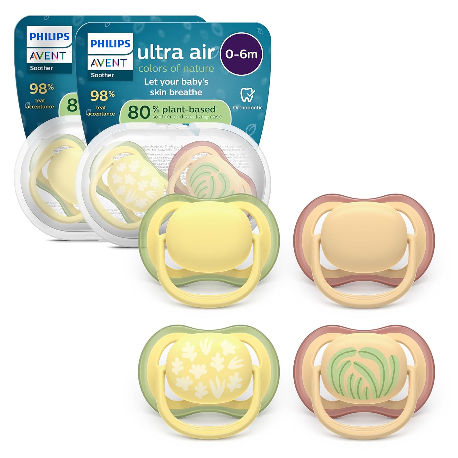 Detalle de Philips Avent ultra air Schnuller 0–6 Monate, kiefergerecht, 4er-Pack + 2 Sterilisationsbehälter – SCF087/21