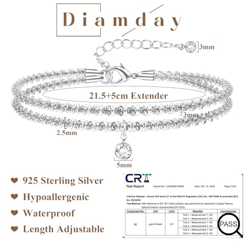 Detalle de Diamday 925 Sterling Silver Ankle Bracelet for Women