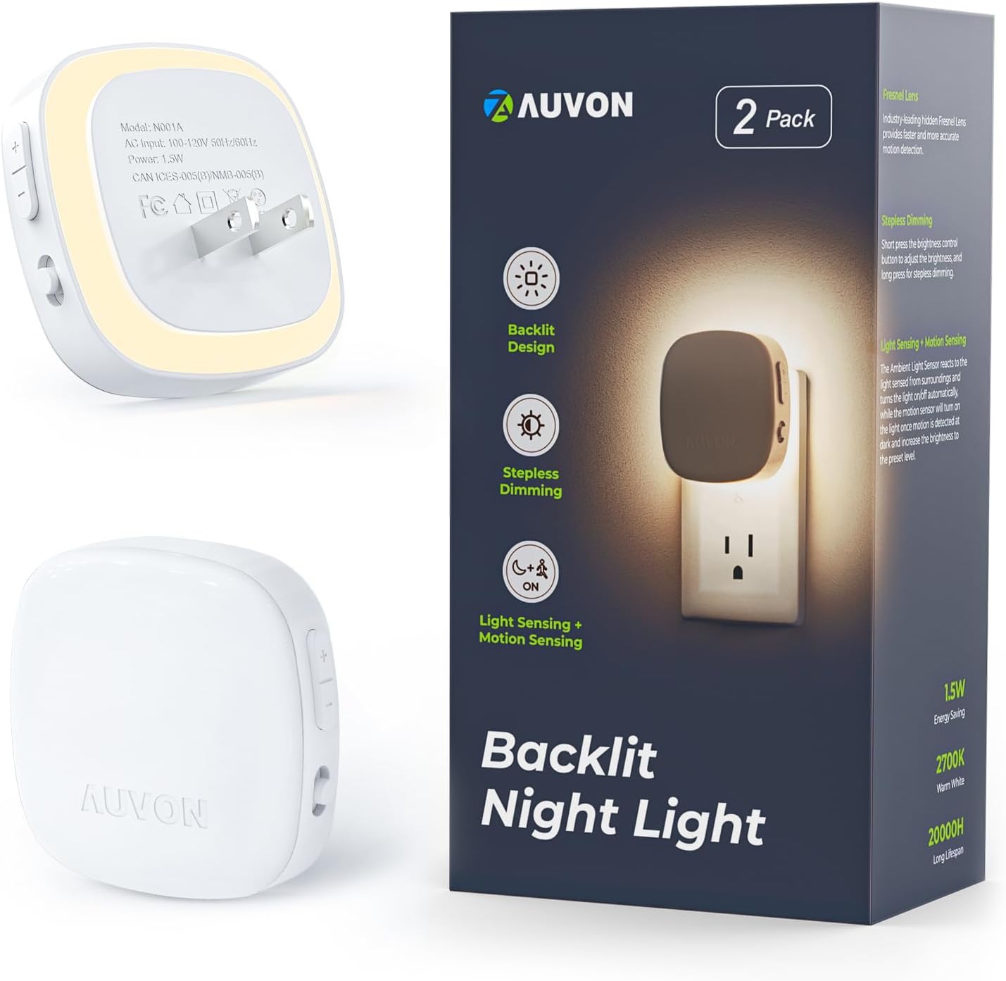 Detalle de AUVON N001A Plug-In LED Backlit Night Light, 2-Pack, Dimmable