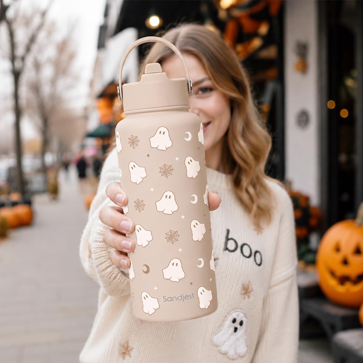 Detalle de SANDJEST SJ-DW-SS-WB32SL Halloween Boo Stainless Steel Water Bottle, 32 Ounces