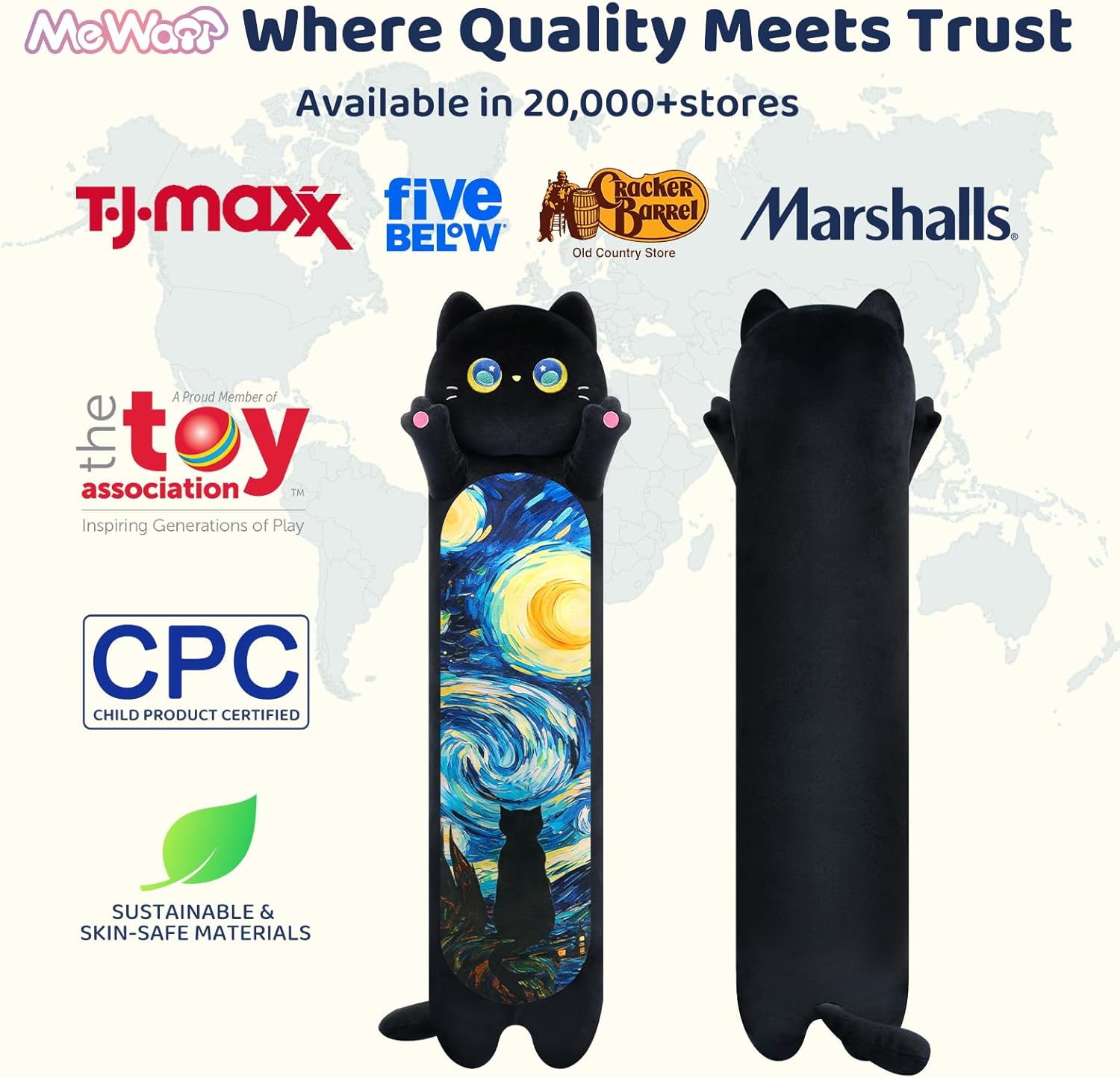 Thumbnail 1 de Mewaii Long Cat Plush 5 Sizes (120% Extra Filling) Giant Long Body Pillow — Kawaii Black Starry Cat