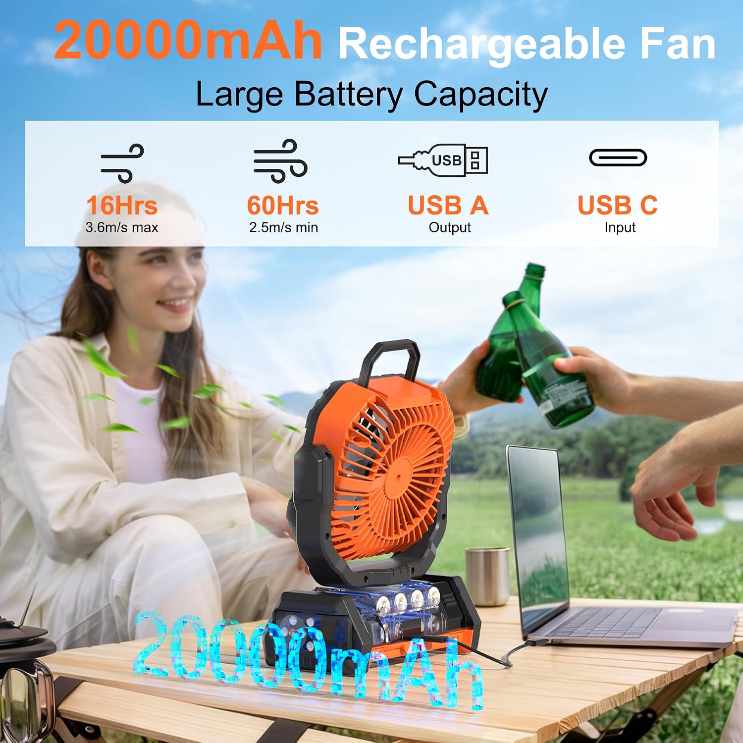 Thumbnail 2 de Honesorn Portable Rechargeable Fan 20000mAh with LED Light, Remote, and USB-C Power — Orange