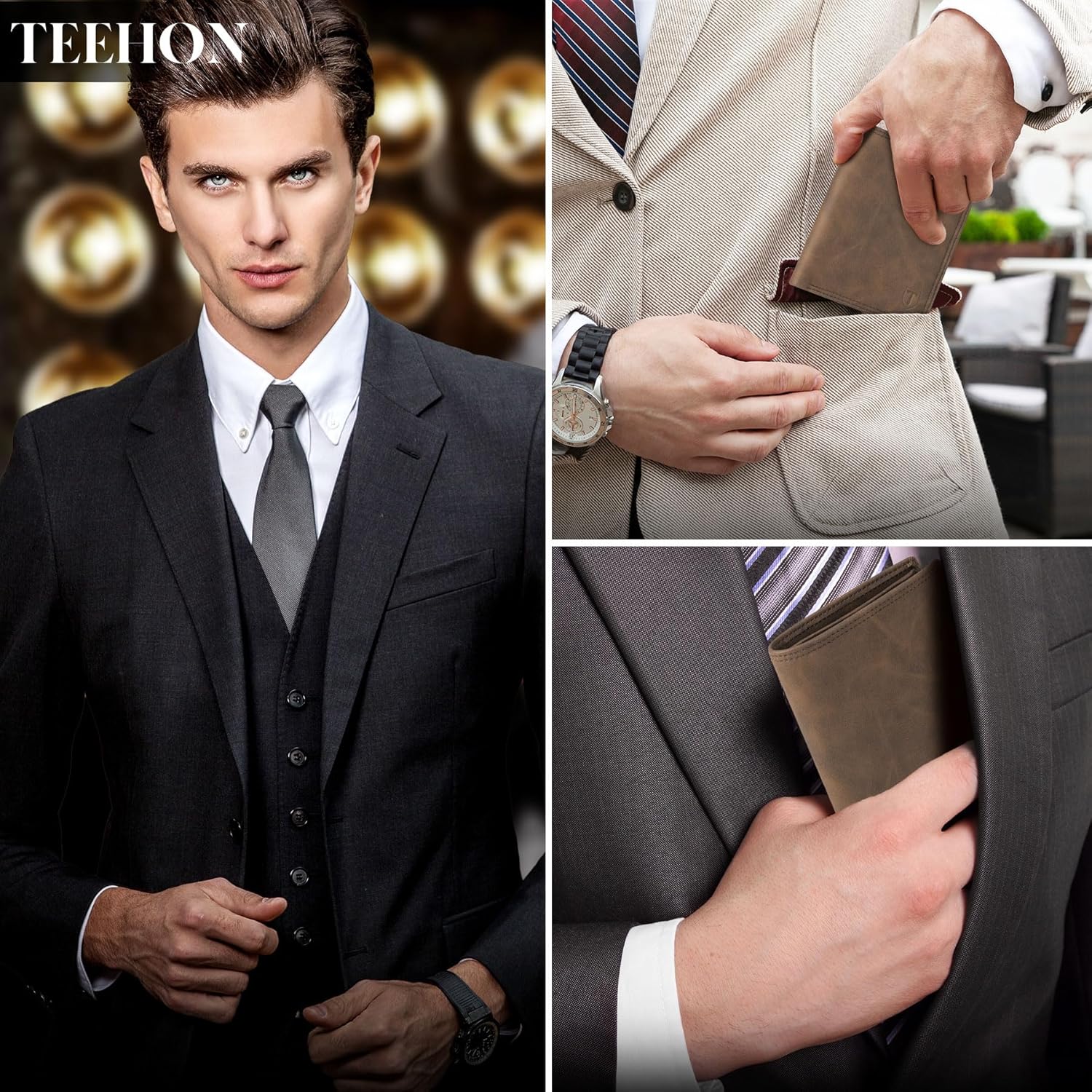 Thumbnail 6 de TEEHON Portafogli Uomo RFID in Pelle Microfibra Slim con 12 Carte, ID e Finestra Foto – Marrone