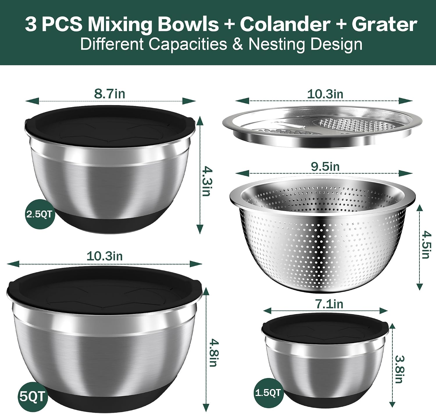 Thumbnail 6 de Nicdiet Mixing Bowls 1.5 2.5 5 QT Stainless Set
