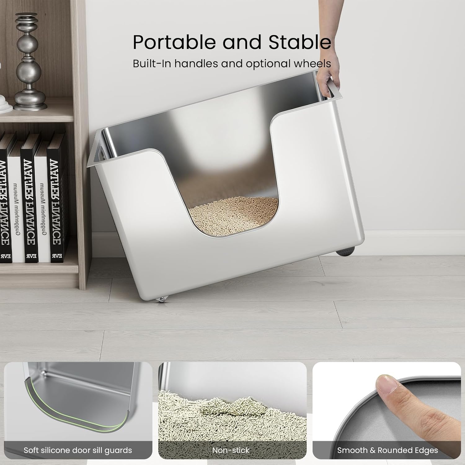 Thumbnail 5 de PTLOM Edelstahl-Katzentoilette XXXL mit niedriger Einstiegskante, 35 cm hohen Rändern (58×38×35 cm) – auslaufsicher & leicht zu reinigen