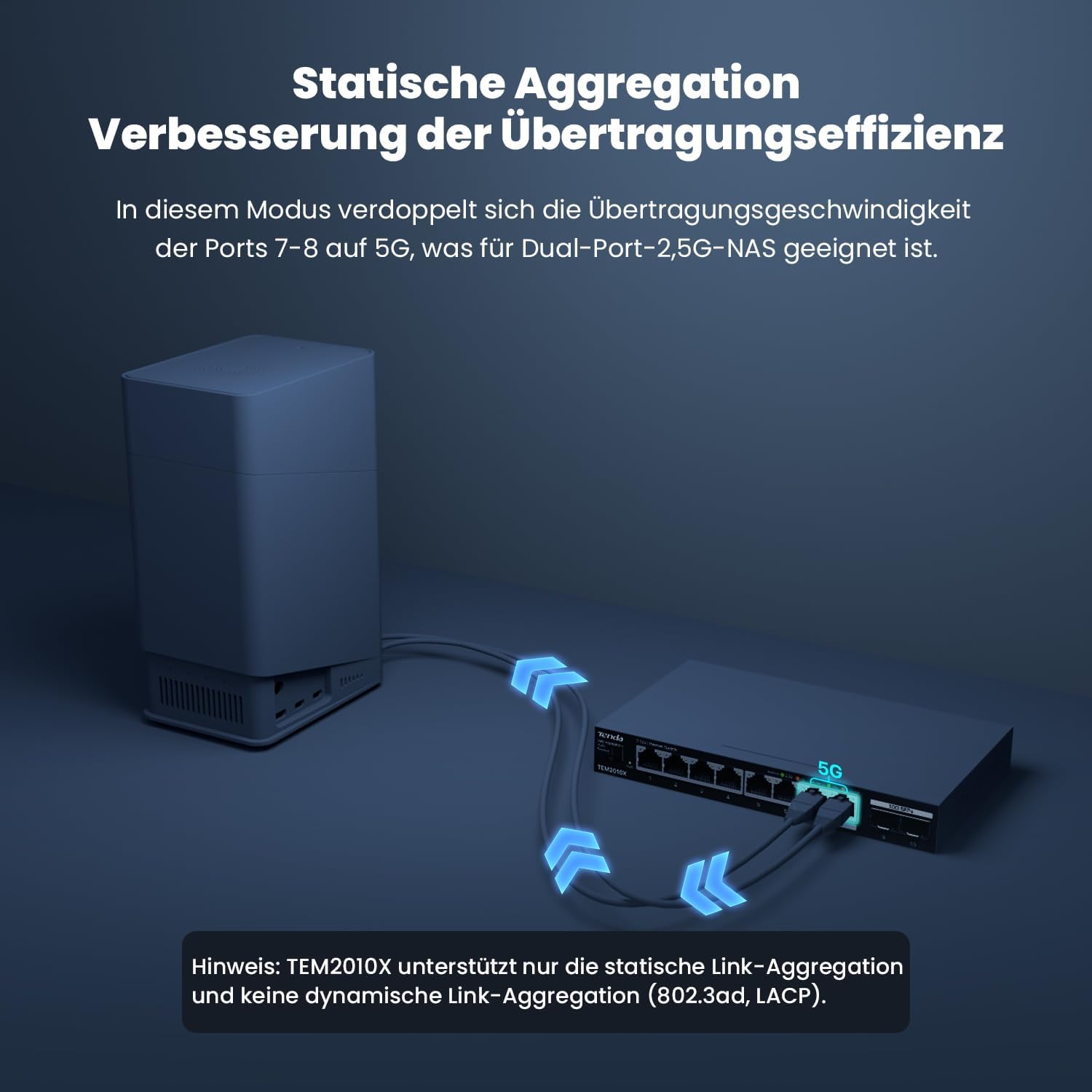 Thumbnail 5 de Tenda TEM2010X 2,5-GBit-Switch mit 8x 2,5G RJ45 und 2x 10G SFP+ (VLAN, statische Aggregation, lüfterlos, Desktop-/Wandmontage)