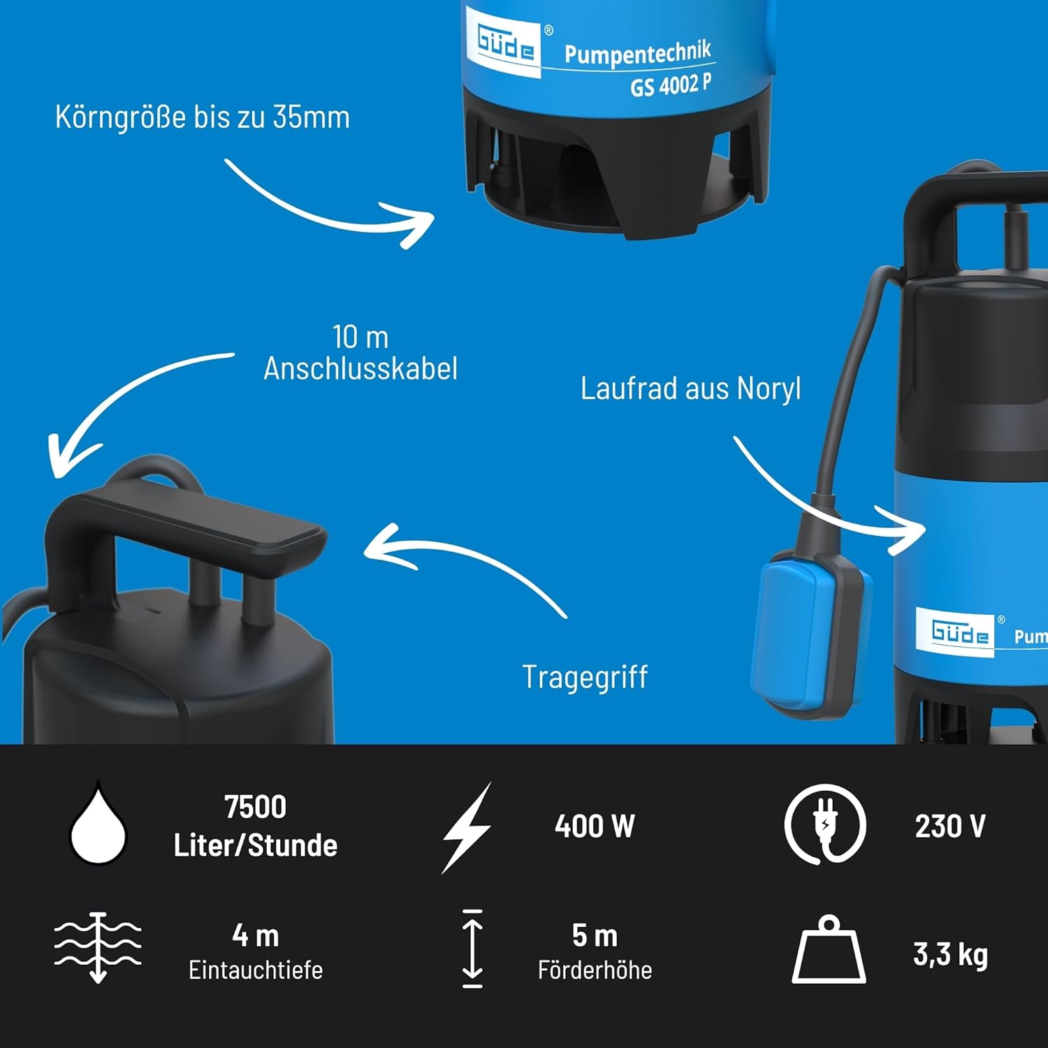 Detalle de Güde Schmutzwassertauchpumpe GS 4002 P – 400 W, 7500 l/h, 5 m Förderhöhe, 4 m Eintauchtiefe