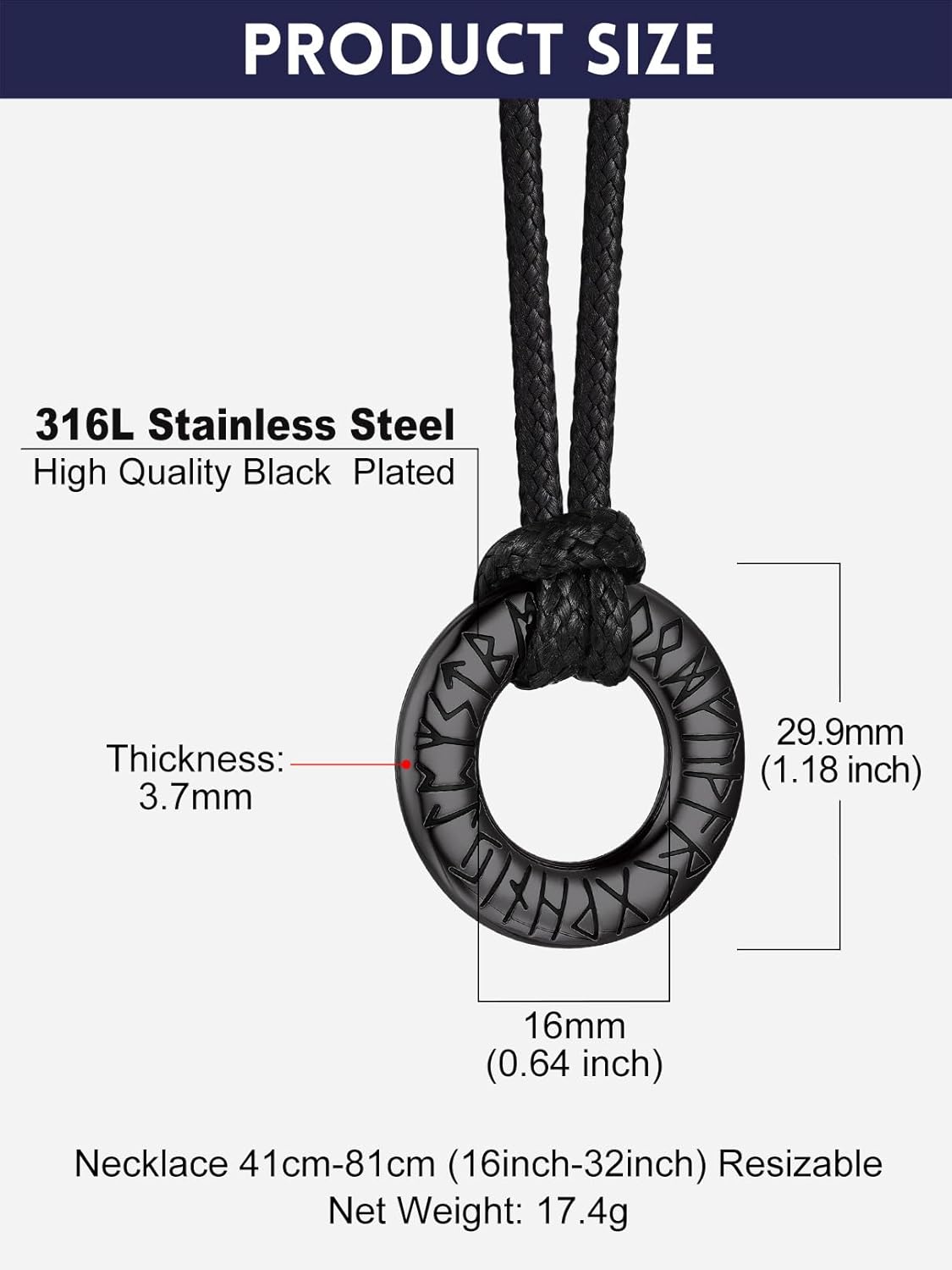 Thumbnail 5 de Bandmax Collier Rune Viking Homme/Noir avec Pendentif Möbius et Chaîne réglable 46–76 cm
