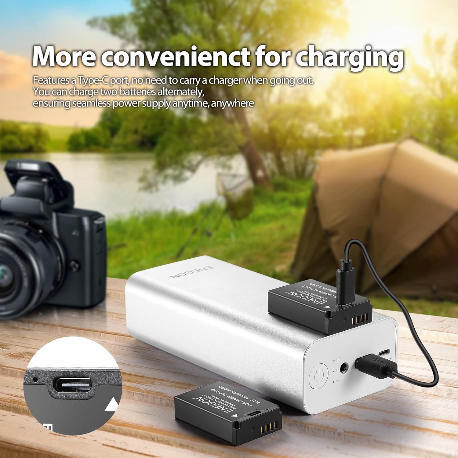 Detalle 2 de ENEGON LP-E12 Batterie di Ricambio con Ricarica Diretta USB-C (2x 1200mAh) + Cavo 2-in-1 per Canon Rebel SL1 e EOS/M Series