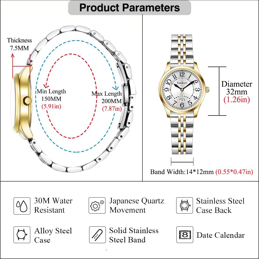 Thumbnail 5 de Szaikyri Montre Classique pour Femmes — Montre féminine lisible 32 mm, chiffres arabes, calendrier et bracelet interchangeable