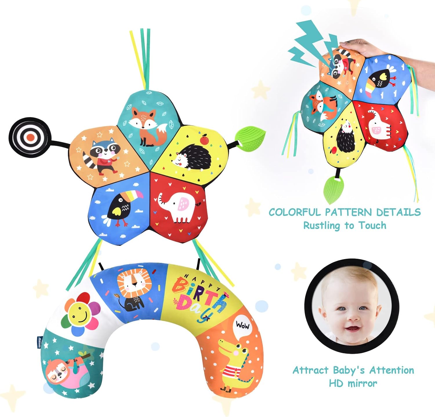 Detalle de Aolso 3 in 1 Tummy Time Pillow: cuscino per allattamento con giocattoli, massaggiagengive e specchio per neonati