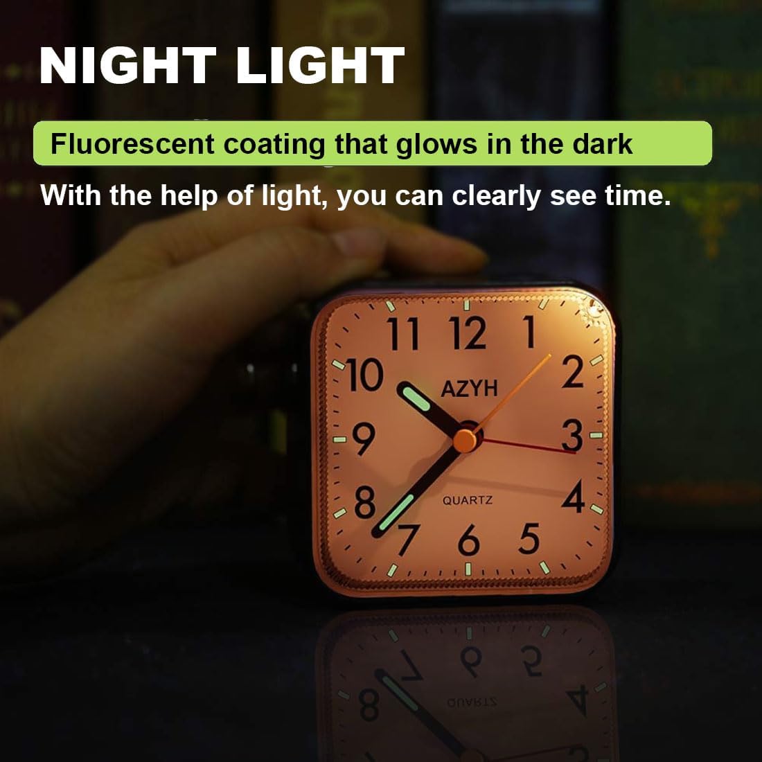 Detalle de Azyh Analog Alarm Clock: Silent, Light-Illuminated, Battery-Operated Travel Companion