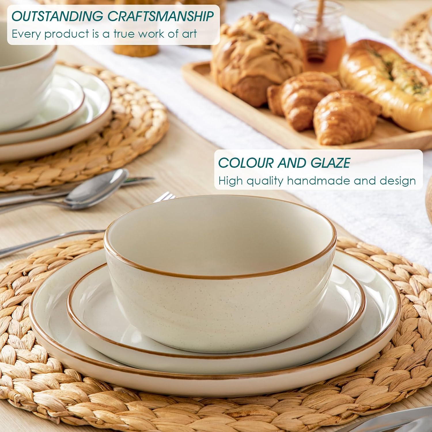 Detalle de vancasso Reno stoneware dinner set for 6 (18 pieces) – beige speckled plates & bowls